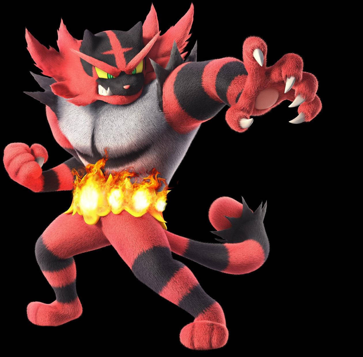 Incineroar, red and black striped, glowing green eyes, SD Desktop Wallpaper
