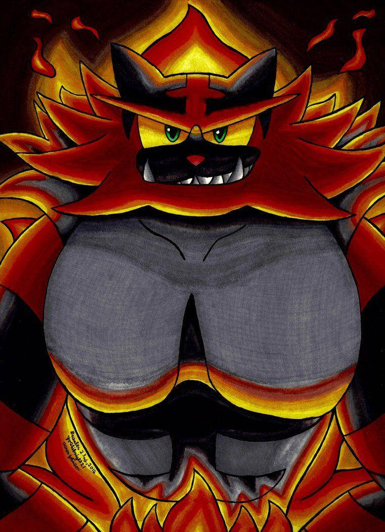 Incineroar, fiery feline creature, glowing green eyes, SD Phone Wallpaper