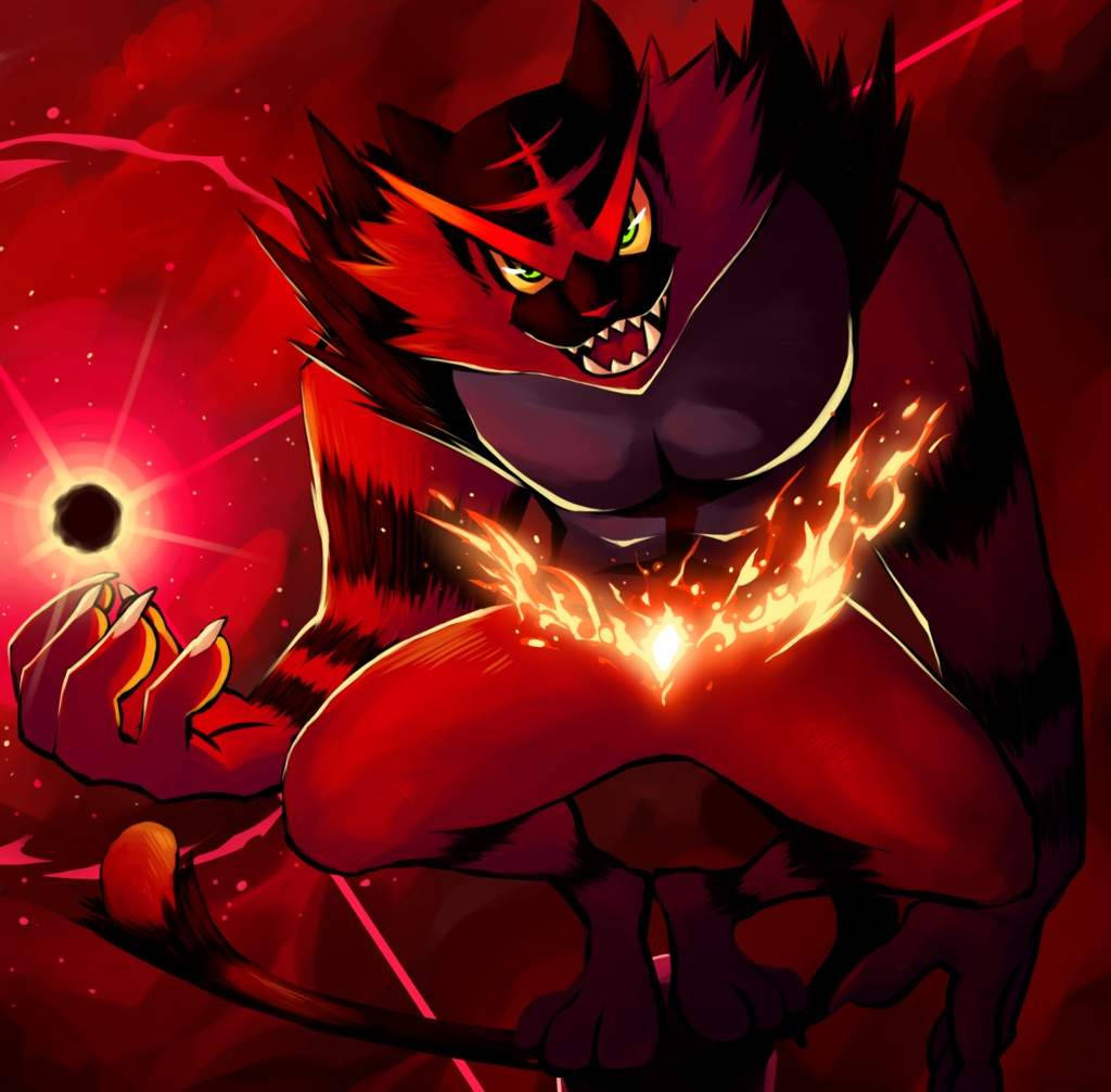 Incineroar, red-furred demon, glowing yellow eyes, SD Desktop Wallpaper