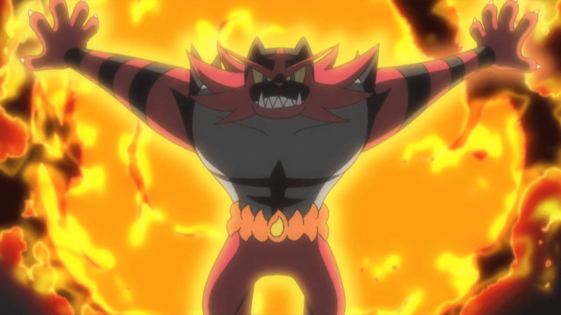Incineroar, red and black stripes, blazing fiery background, Full HD Desktop Wallpaper