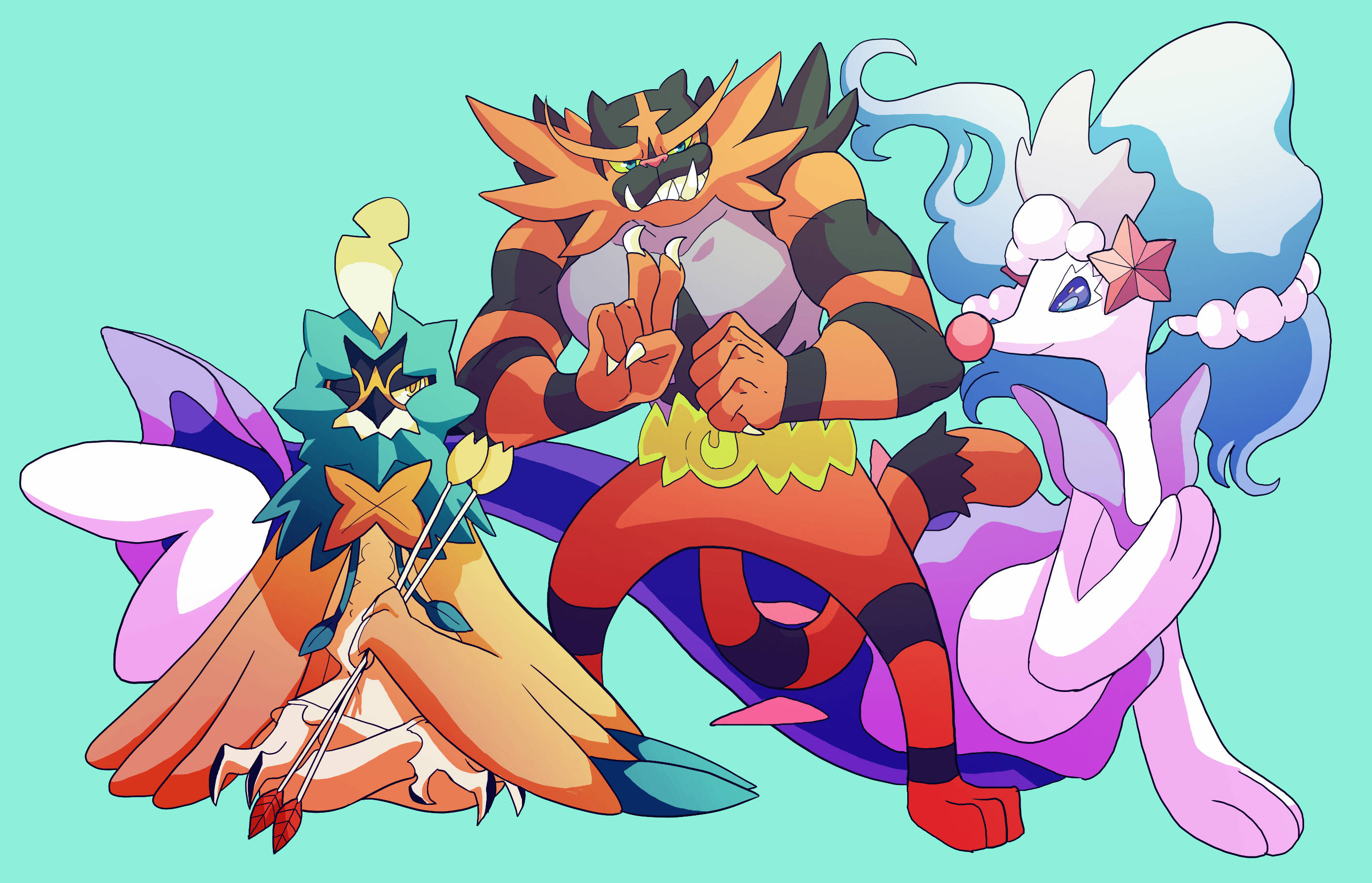 Incineroar, anime-style, teal background, 2K Desktop Wallpaper
