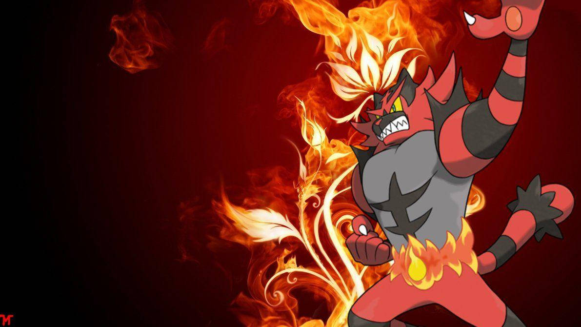 Incineroar, red and black stripes, swirling flames, SD Desktop Wallpaper