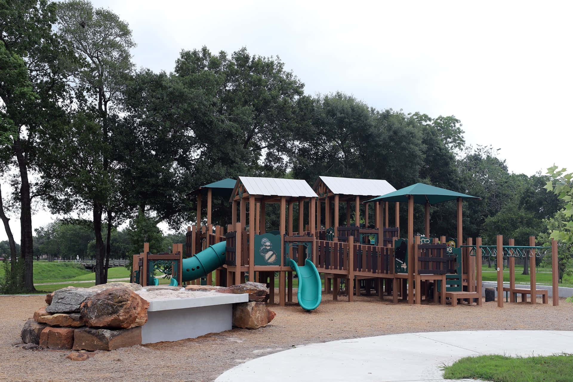 Independence Park, wooden playground, teal slides, Full HD Desktop Wallpaper