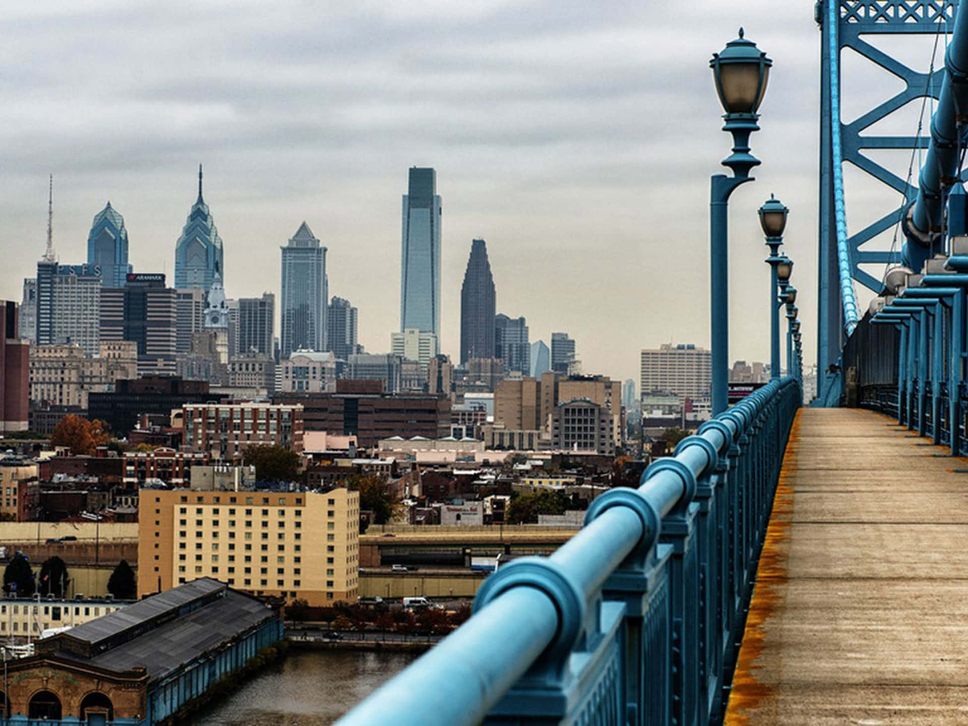 Independence Park, sunset, blue bridge railing, Full HD Desktop Wallpaper