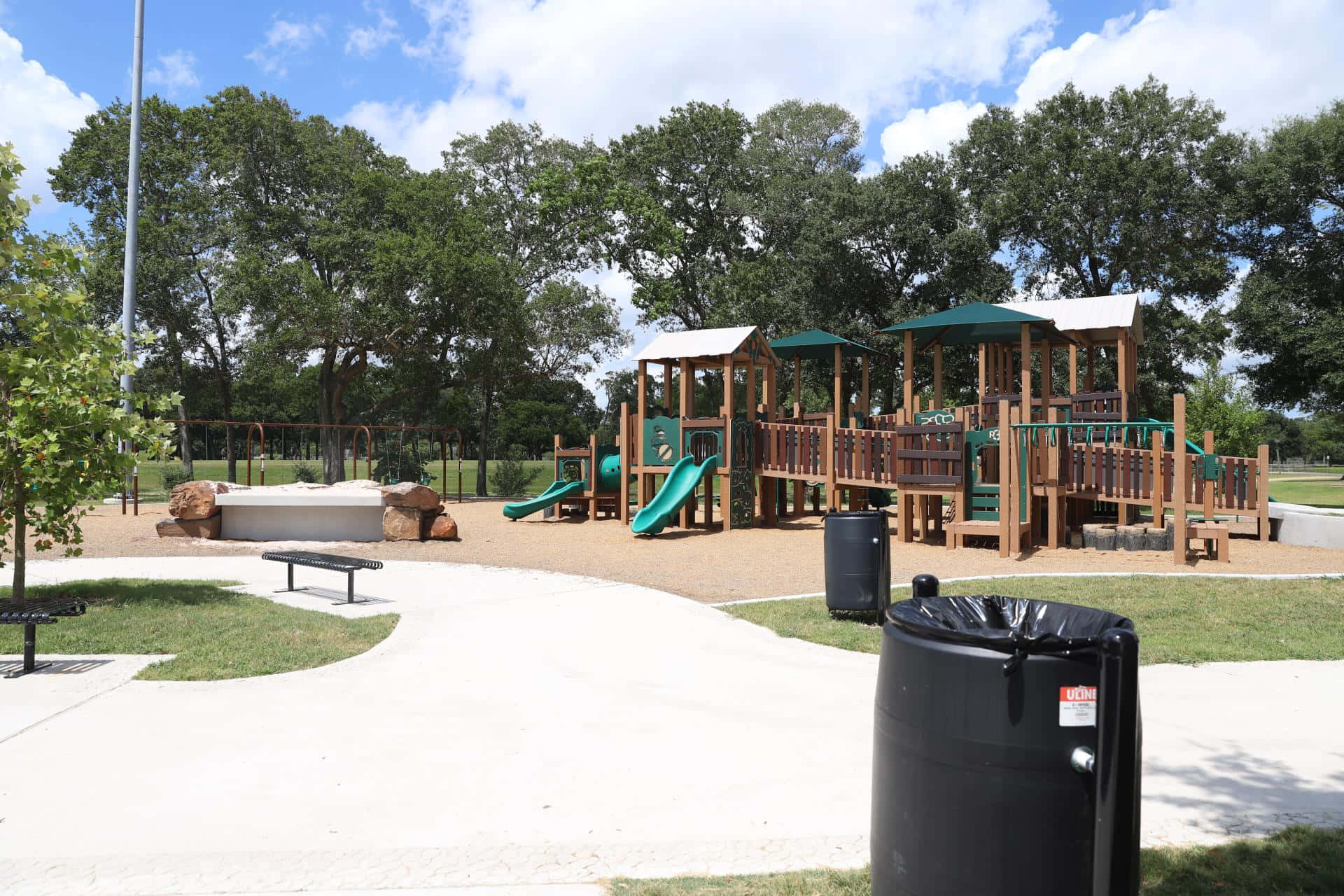 Independence Park, wooden structures, green slides, Full HD Desktop Wallpaper