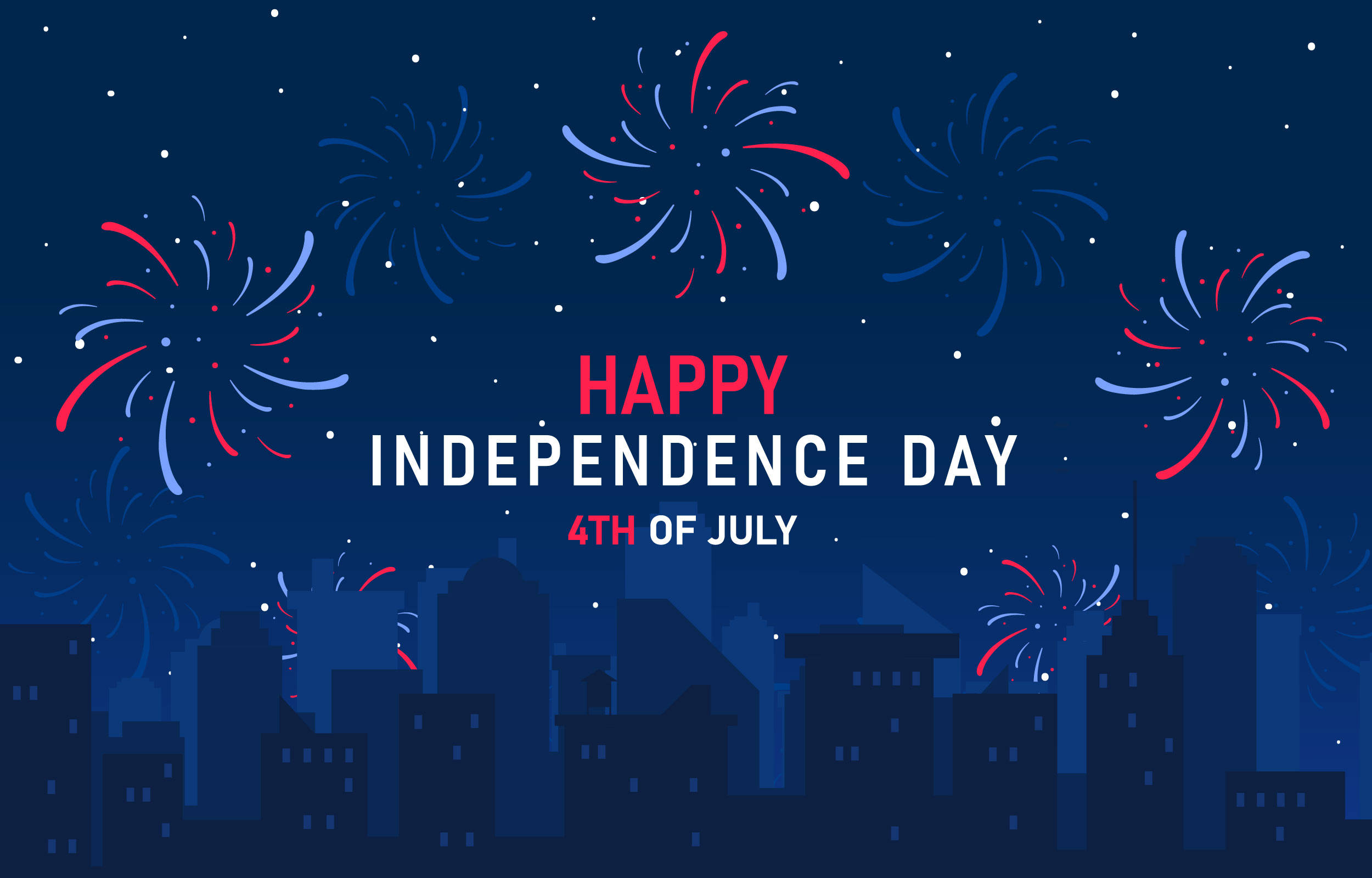 Independence Day, red and blue fireworks, dark city skyline, Full HD Desktop Wallpaper