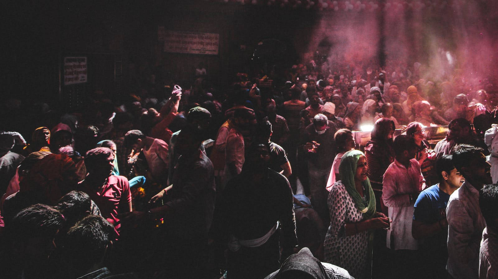 India Holi, pink stage lights, dimly lit indoor venue, HD Desktop Wallpaper