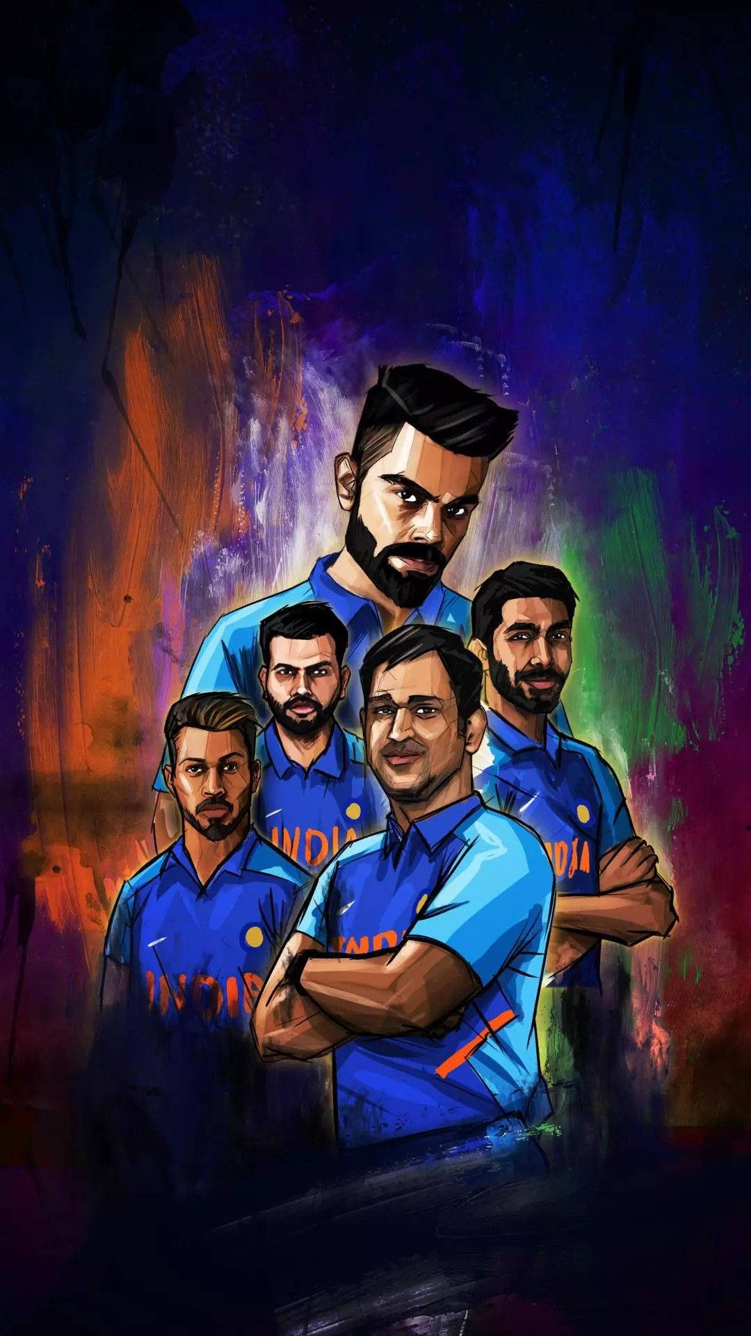 Indian cricket players, blue jerseys, vibrant abstract background, Full HD Phone Wallpaper