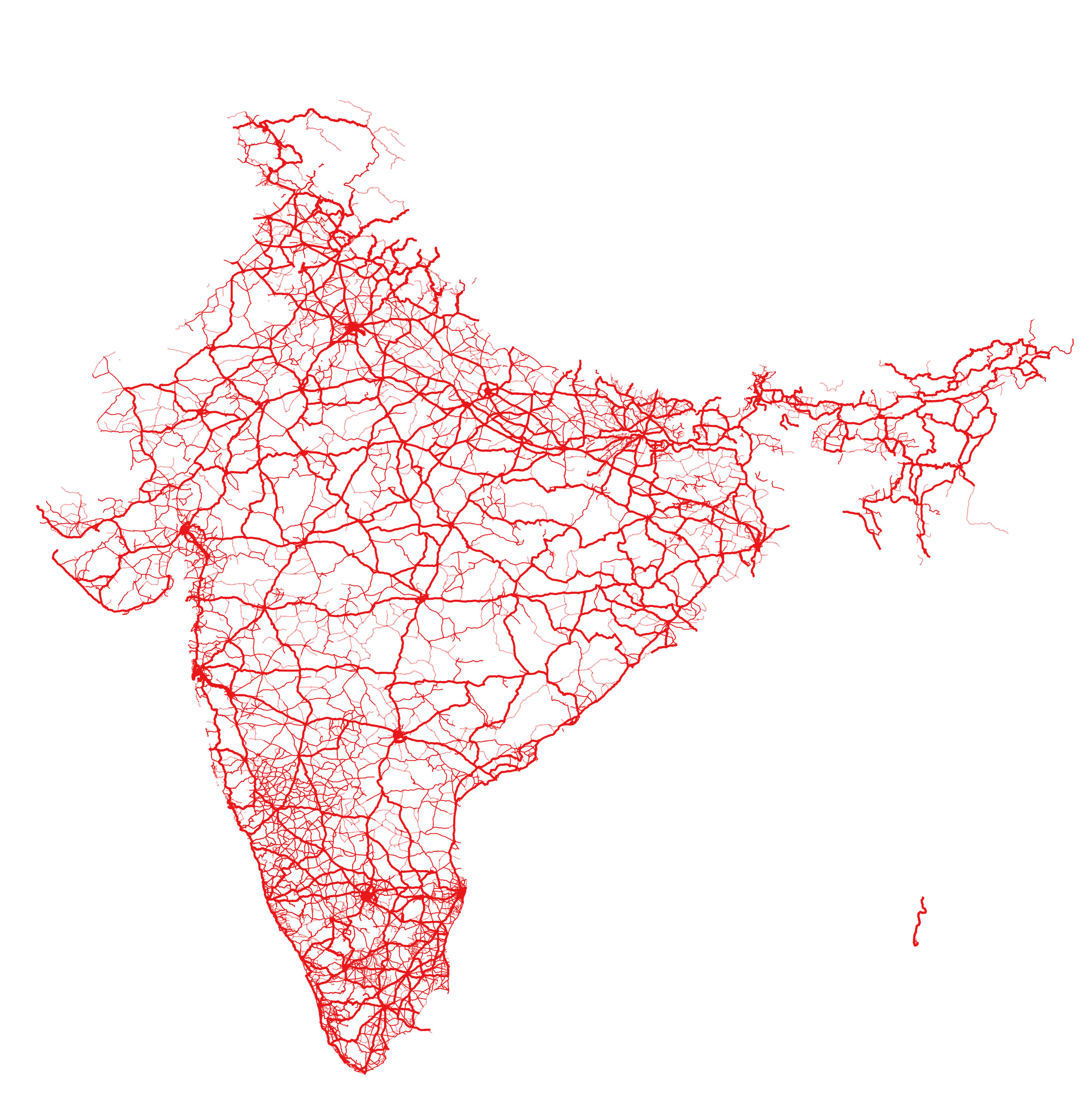 India Map, road network, red line, 2K Phone Wallpaper