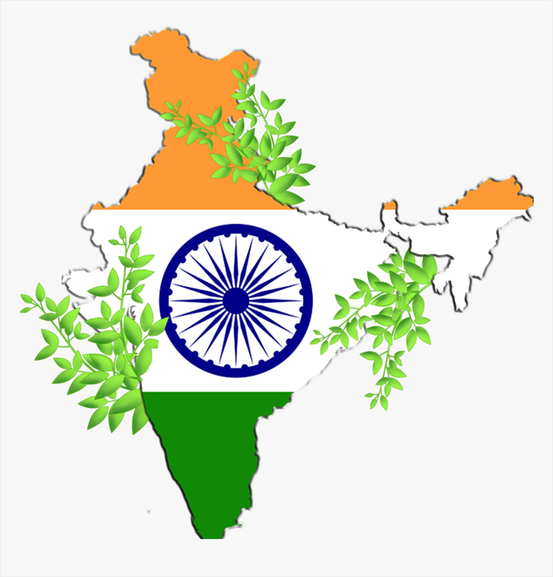 India Map, national flag colors, green leafy branches, Full HD Phone Wallpaper