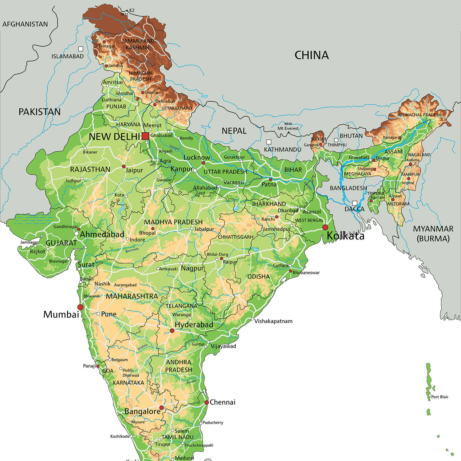 India, topographical map, labeled states, HD Desktop Wallpaper