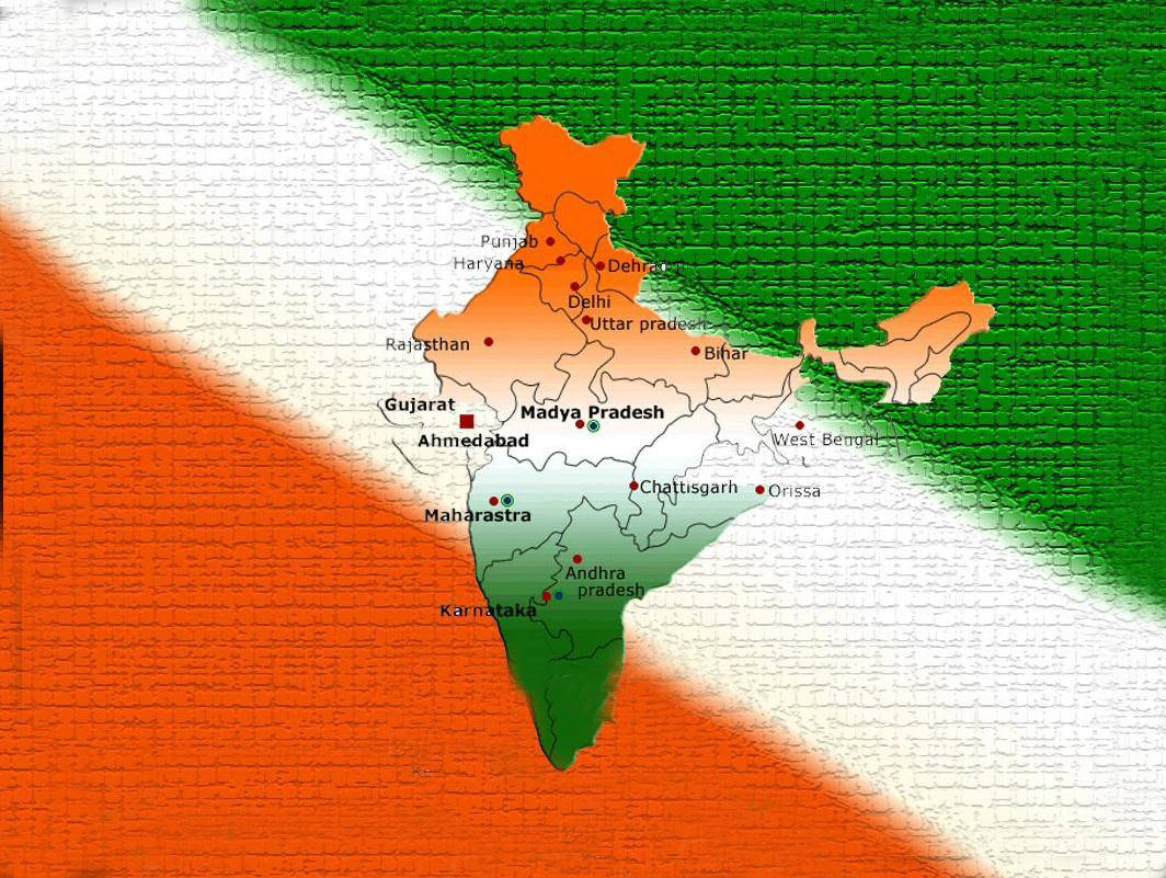 India Map, tricolor flag, textured brick background, SD Desktop Wallpaper