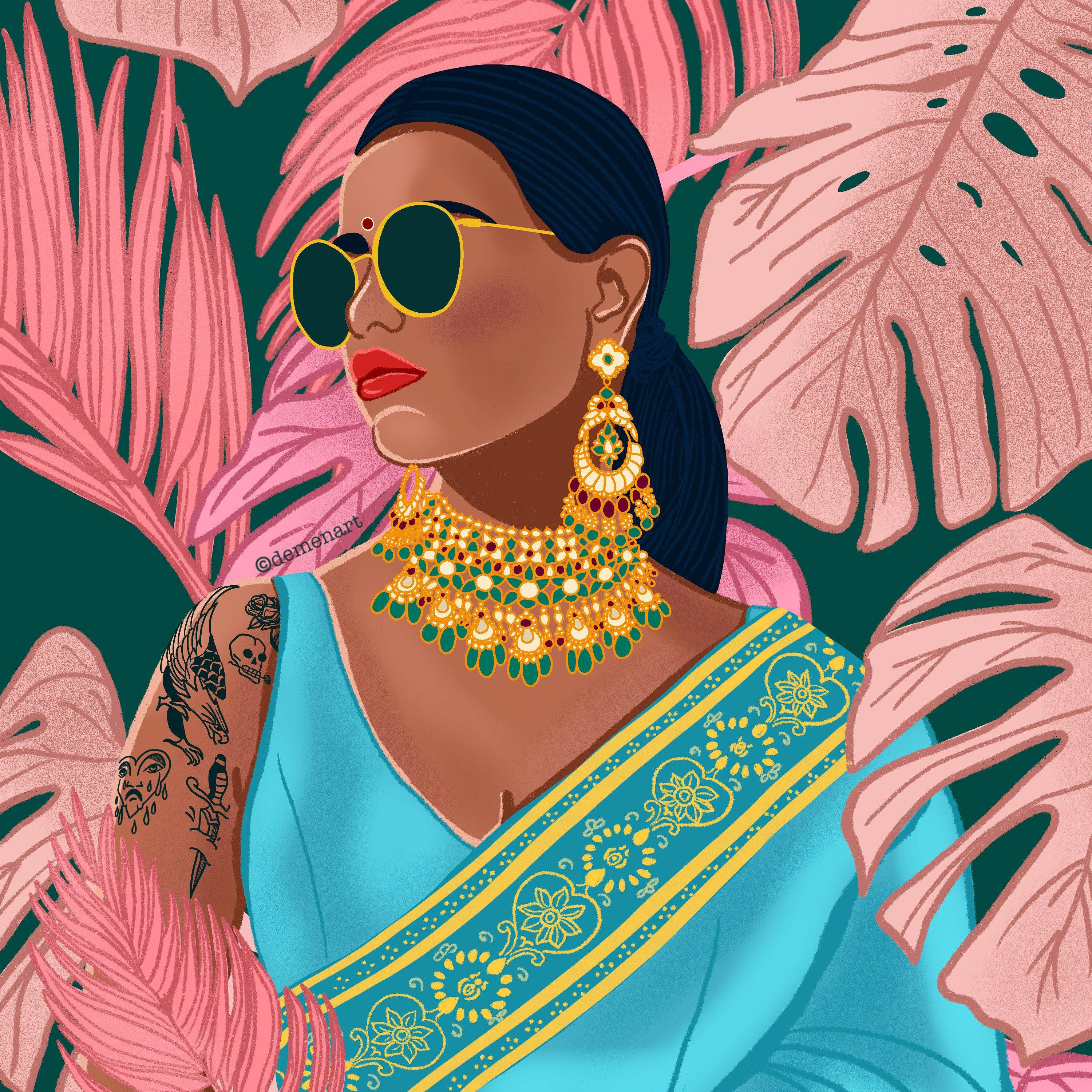 Indian girl, blue sari, gold jewelry, 2K Desktop Wallpaper