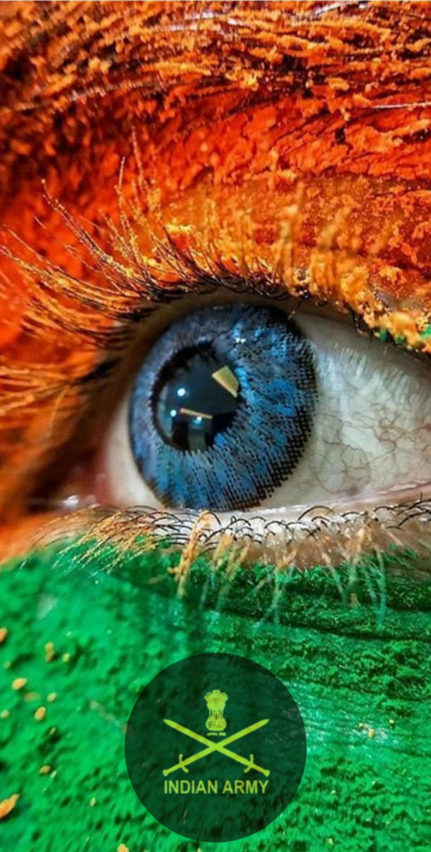 Indian Army emblem, blue iris, orange and green paint, 2K Phone Wallpaper