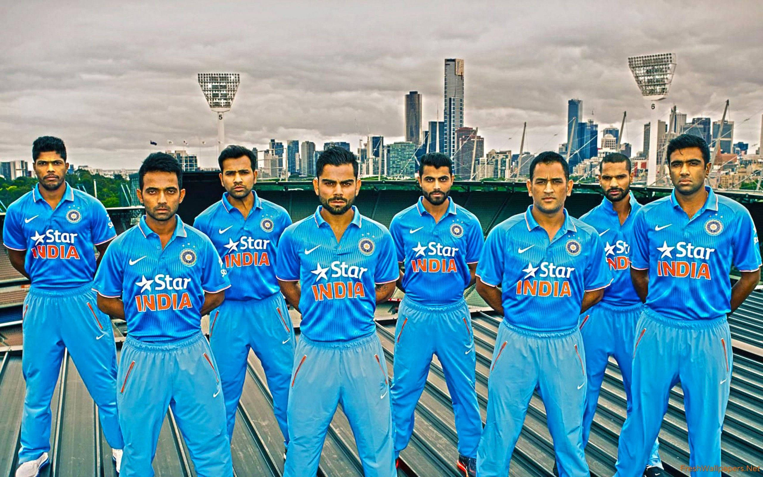Indian Cricket Team, blue uniforms, stadium roof, 2K Desktop Wallpaper