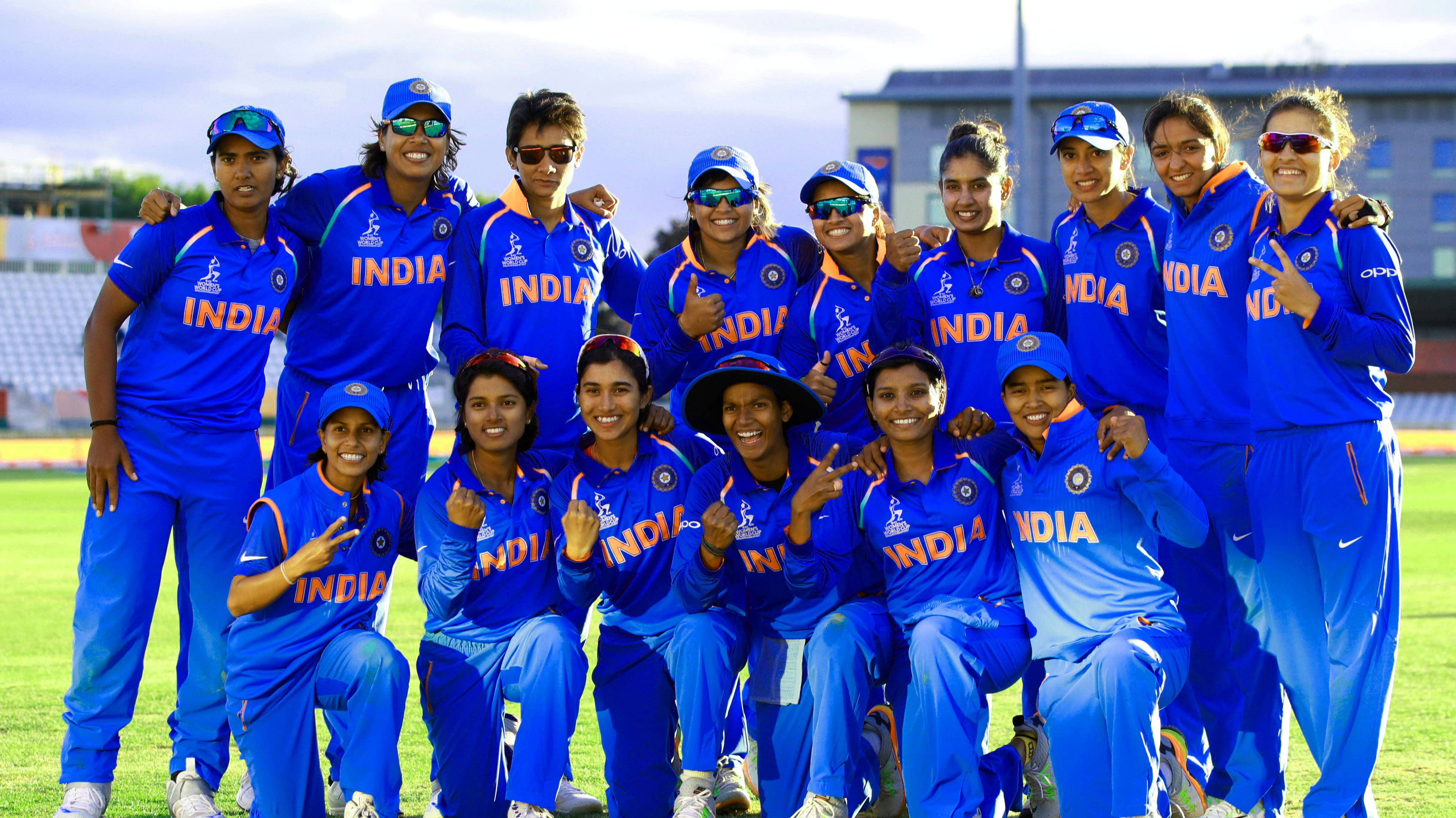 Women's Indian Cricket Team, blue uniforms, sunny green field, 4K Desktop Wallpaper