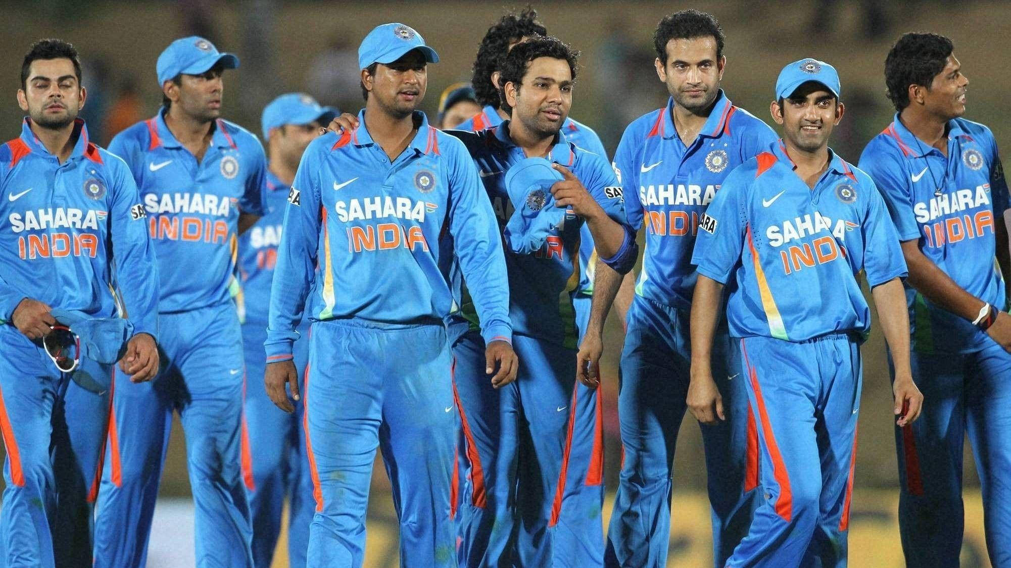 Indian Cricket Team, blue Sahara India uniforms, stadium field, Full HD Desktop Wallpaper