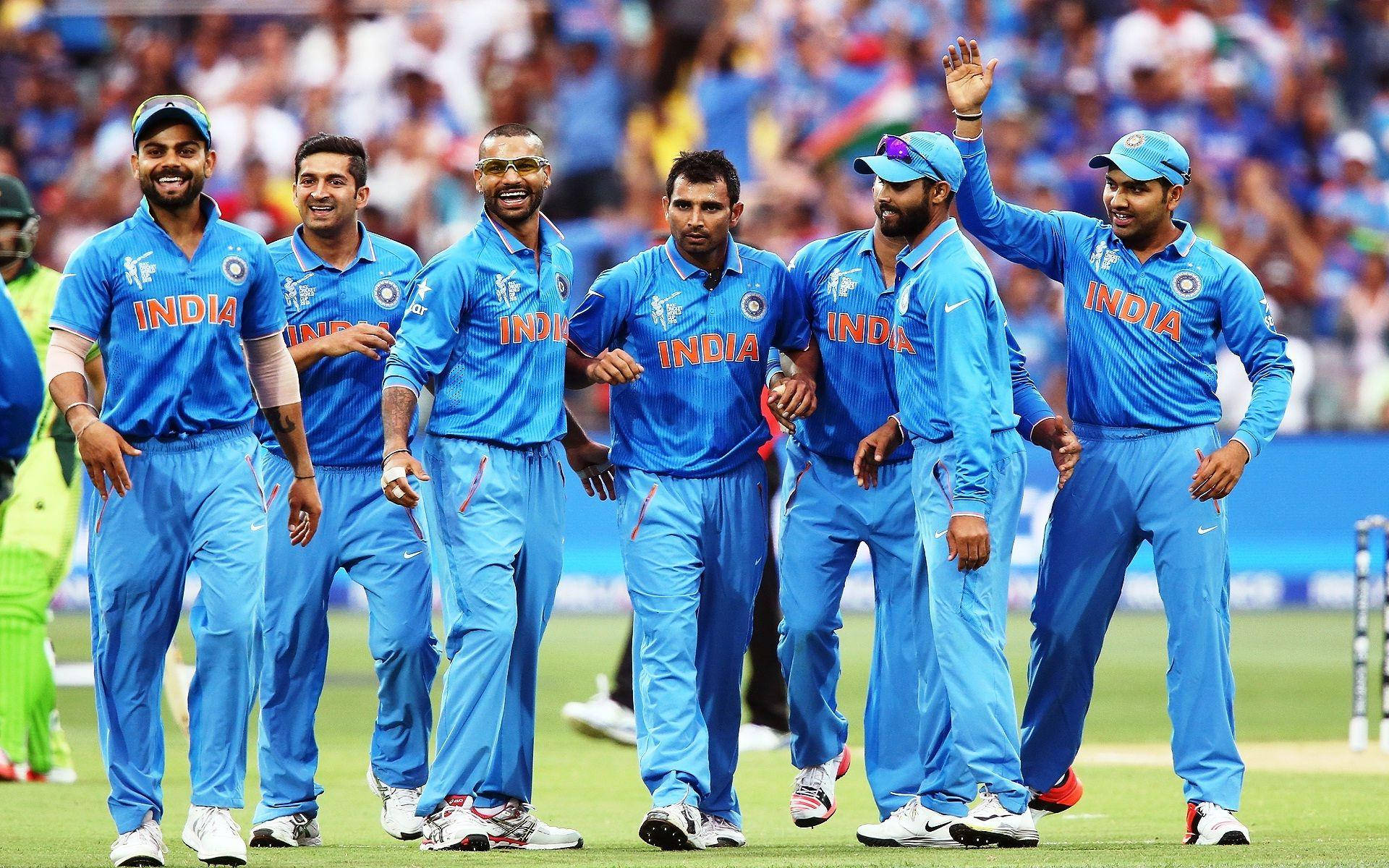 Indian Cricket Team, blue uniforms, green field, Full HD Desktop Wallpaper