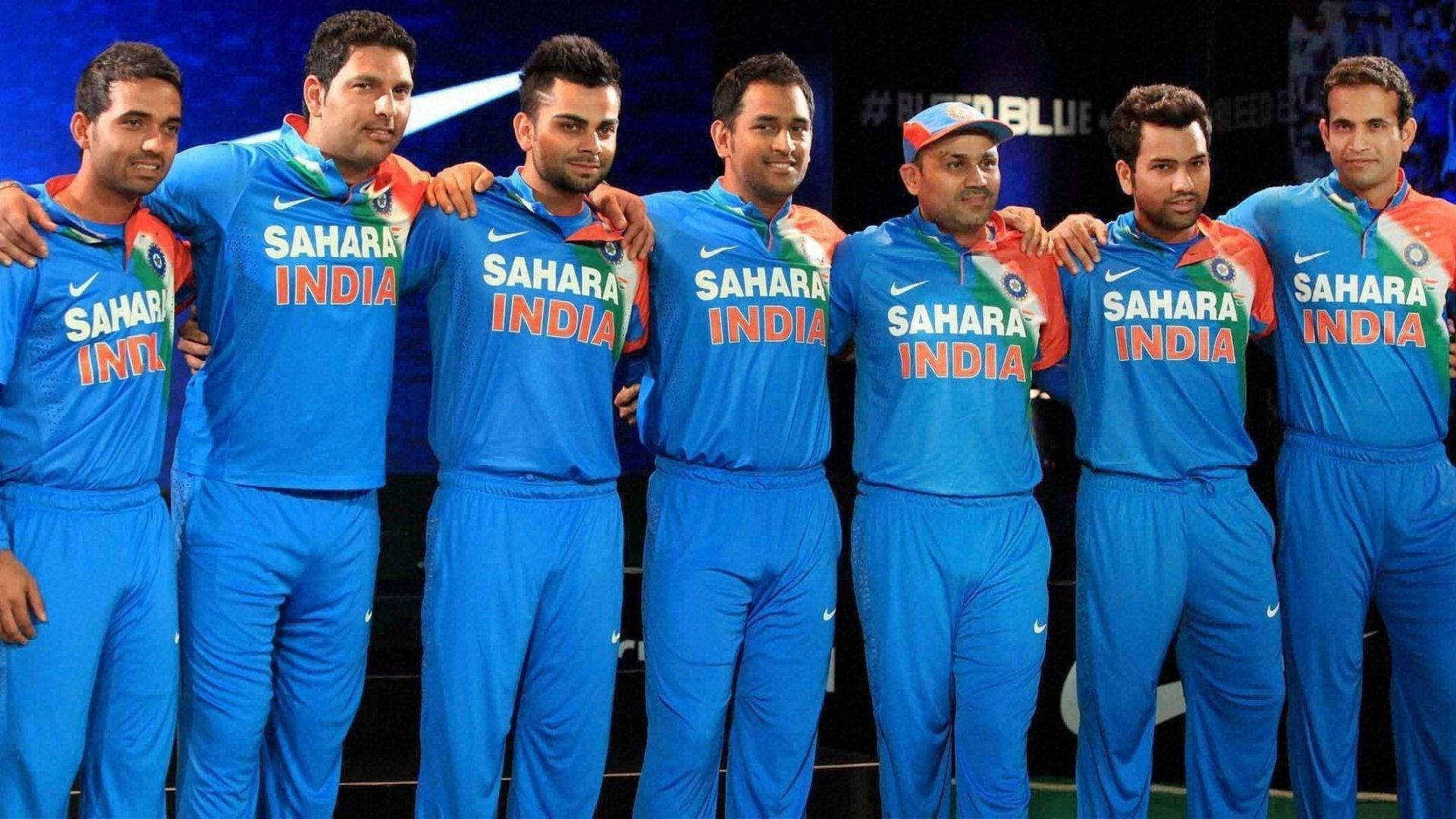 Indian Cricket Team, blue Sahara India uniforms, dark stage backdrop, Full HD Desktop Wallpaper