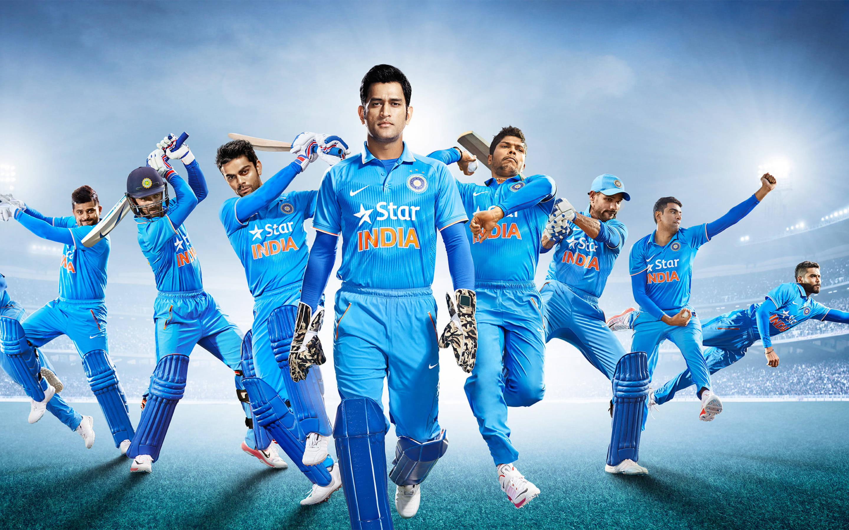 Indian Cricket Team, blue uniforms, stadium field, 2K Desktop Wallpaper