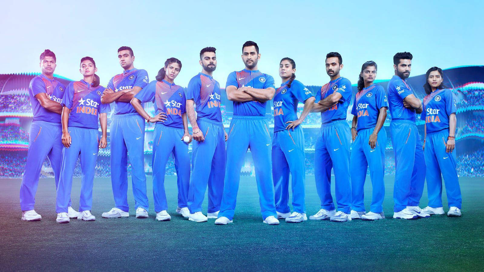Indian Cricket Team, blue uniforms, stadium field, HD Desktop Wallpaper