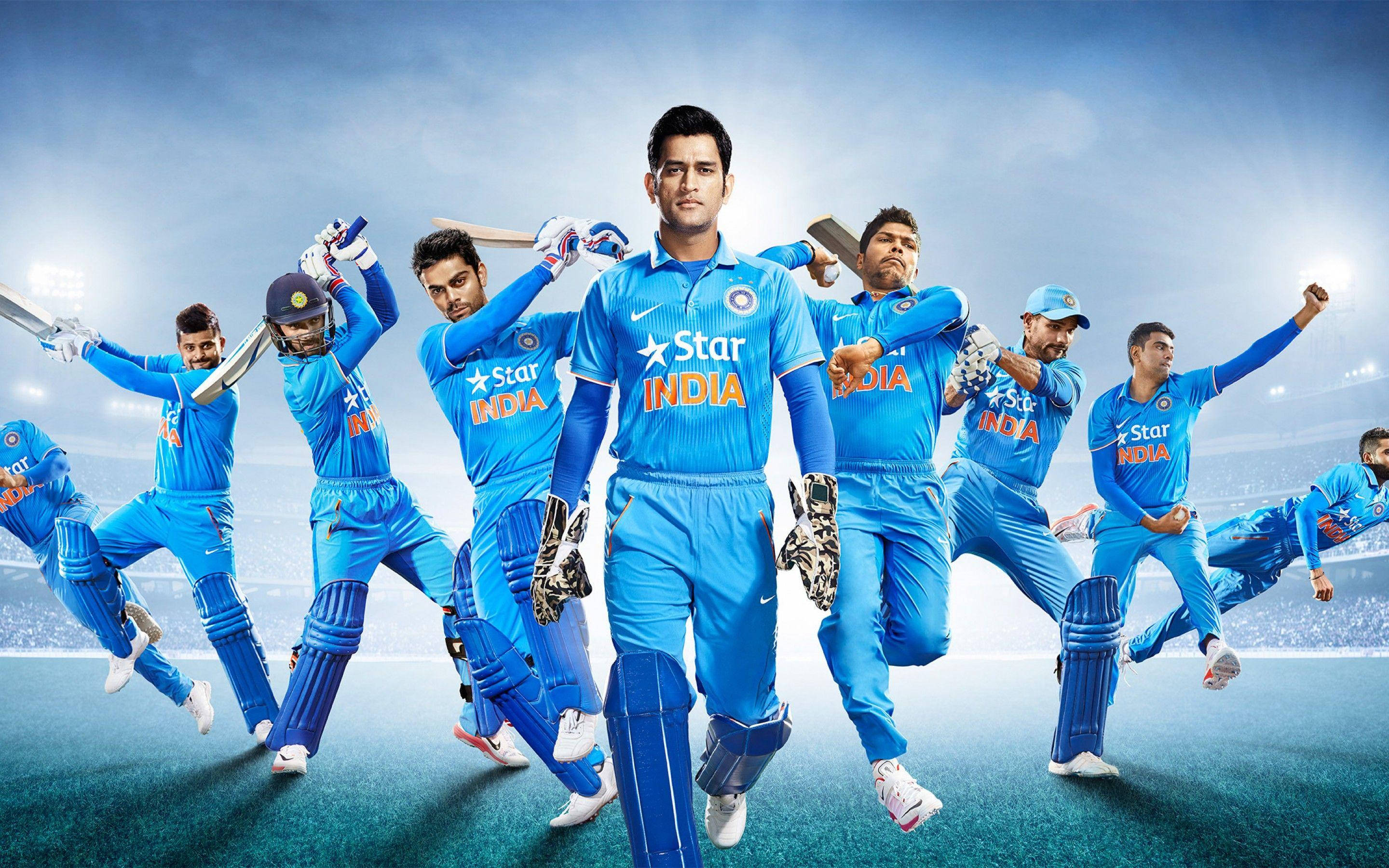 Indian Cricket Team, blue uniforms, stadium field, 2K Desktop Wallpaper
