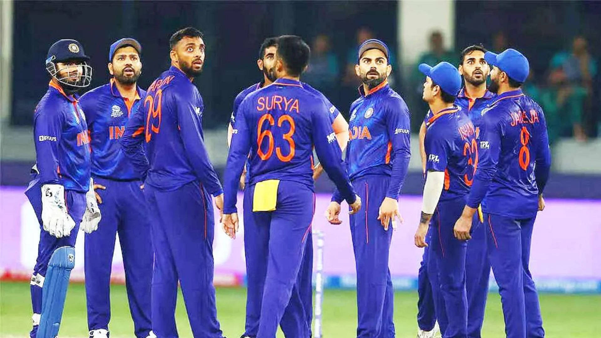 Indian Cricket Team, blue uniforms, green field, Full HD Desktop Wallpaper