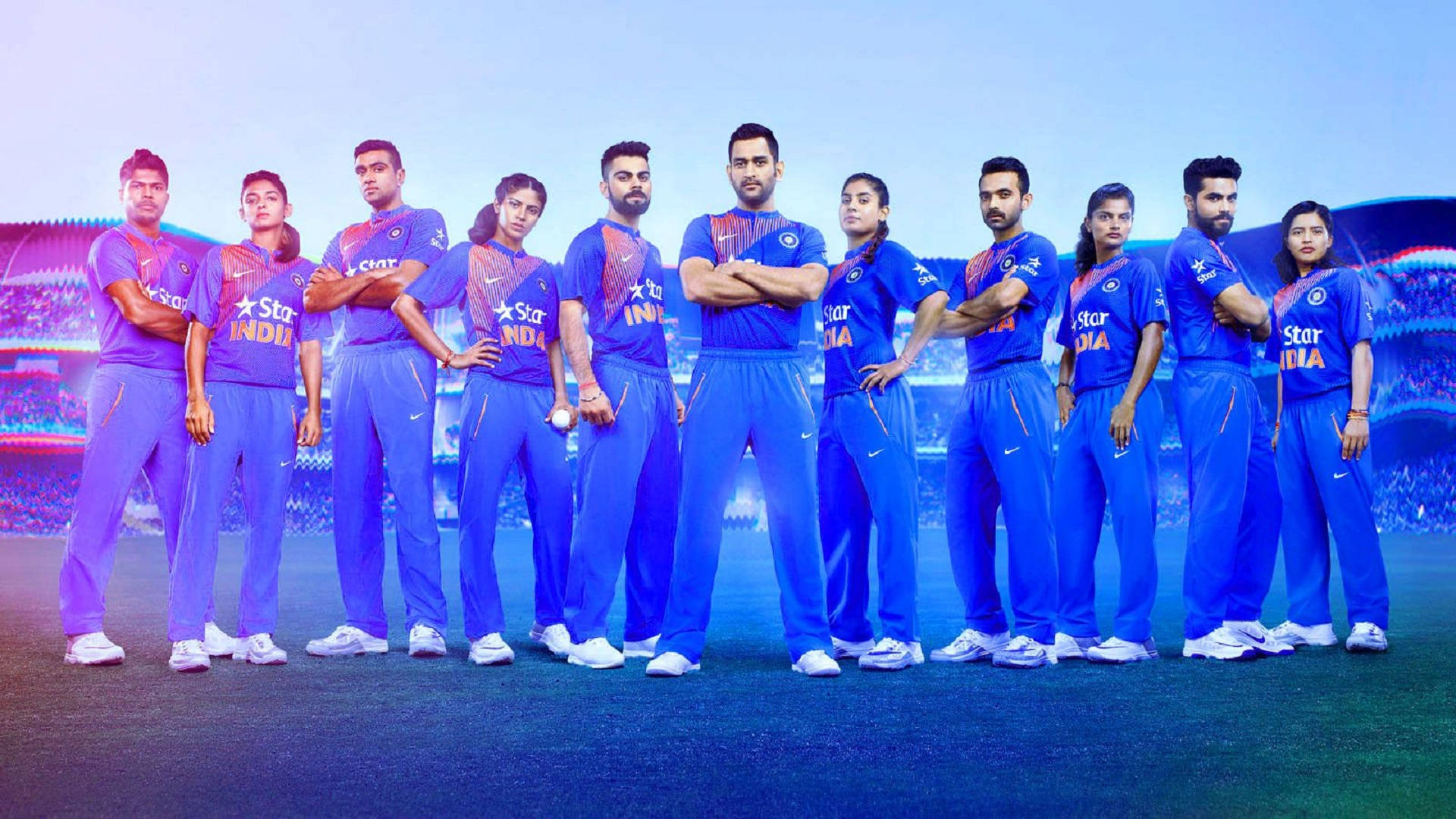 Indian Cricket Men And Women, blue uniforms, stadium field, Full HD Desktop Wallpaper