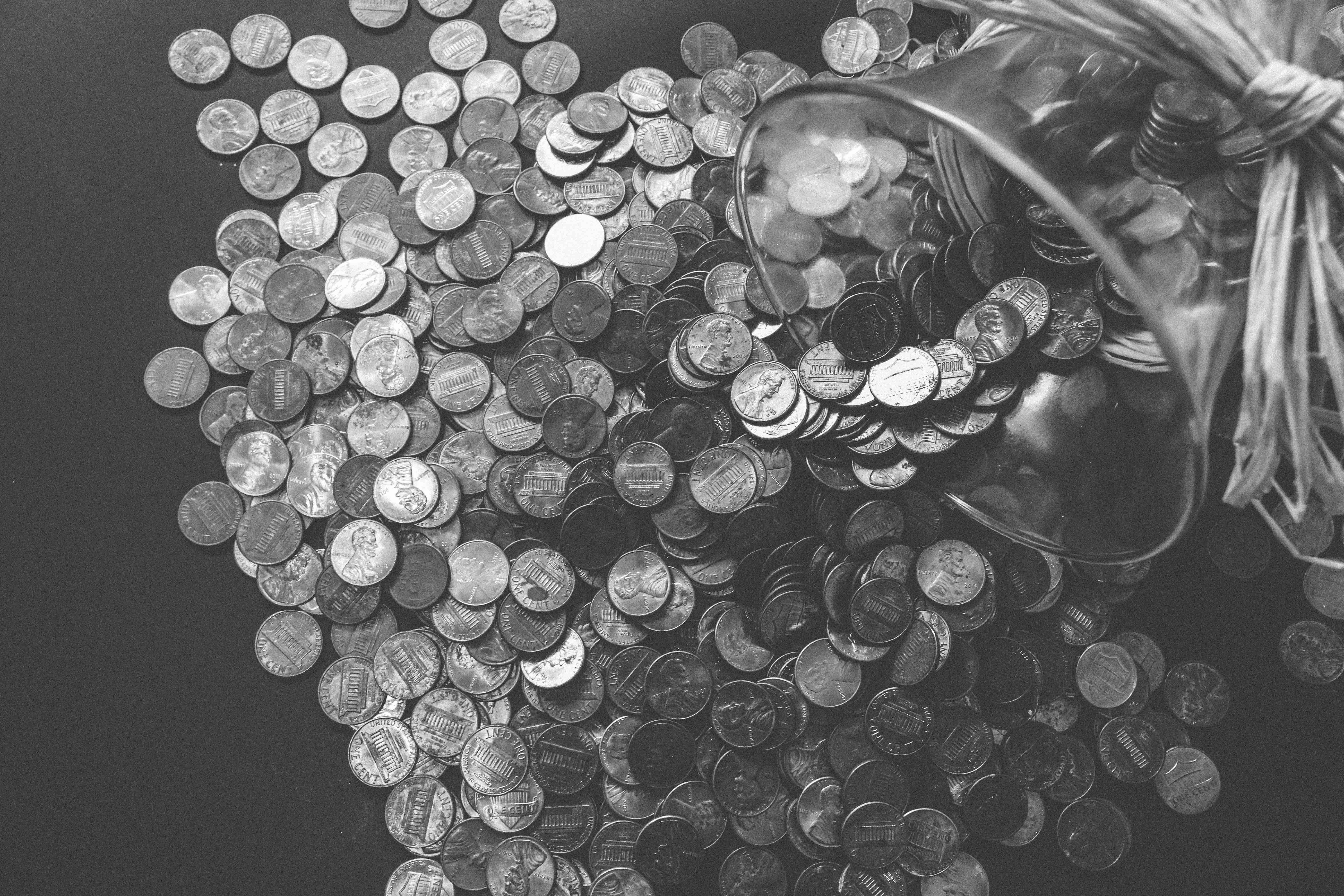 black and white indian currency, monochrome overhead shot, scattered coins, 5K Desktop Wallpaper