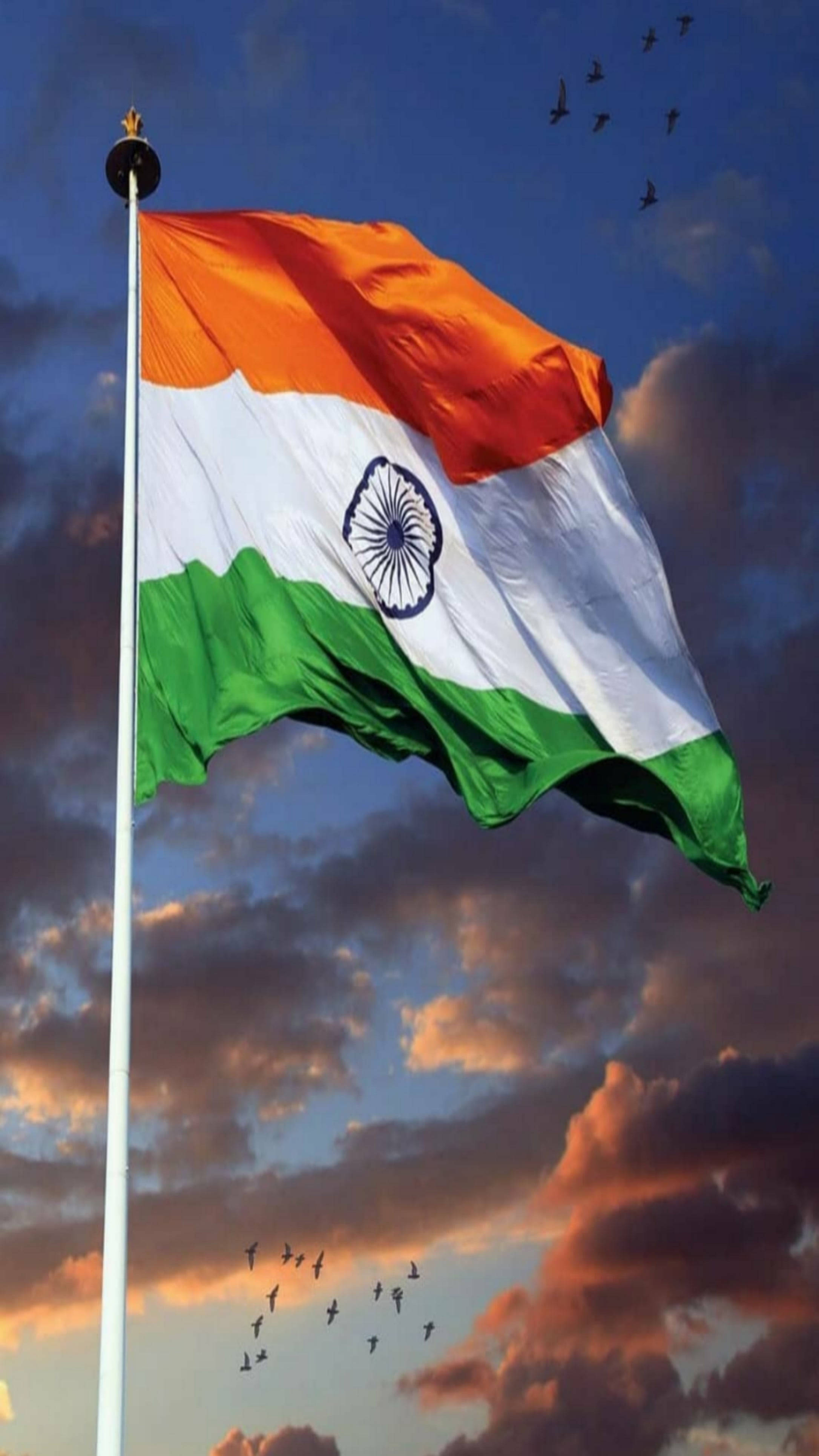 Indian Flag, tricolor flag, dramatic sunset sky, 4K Phone Wallpaper