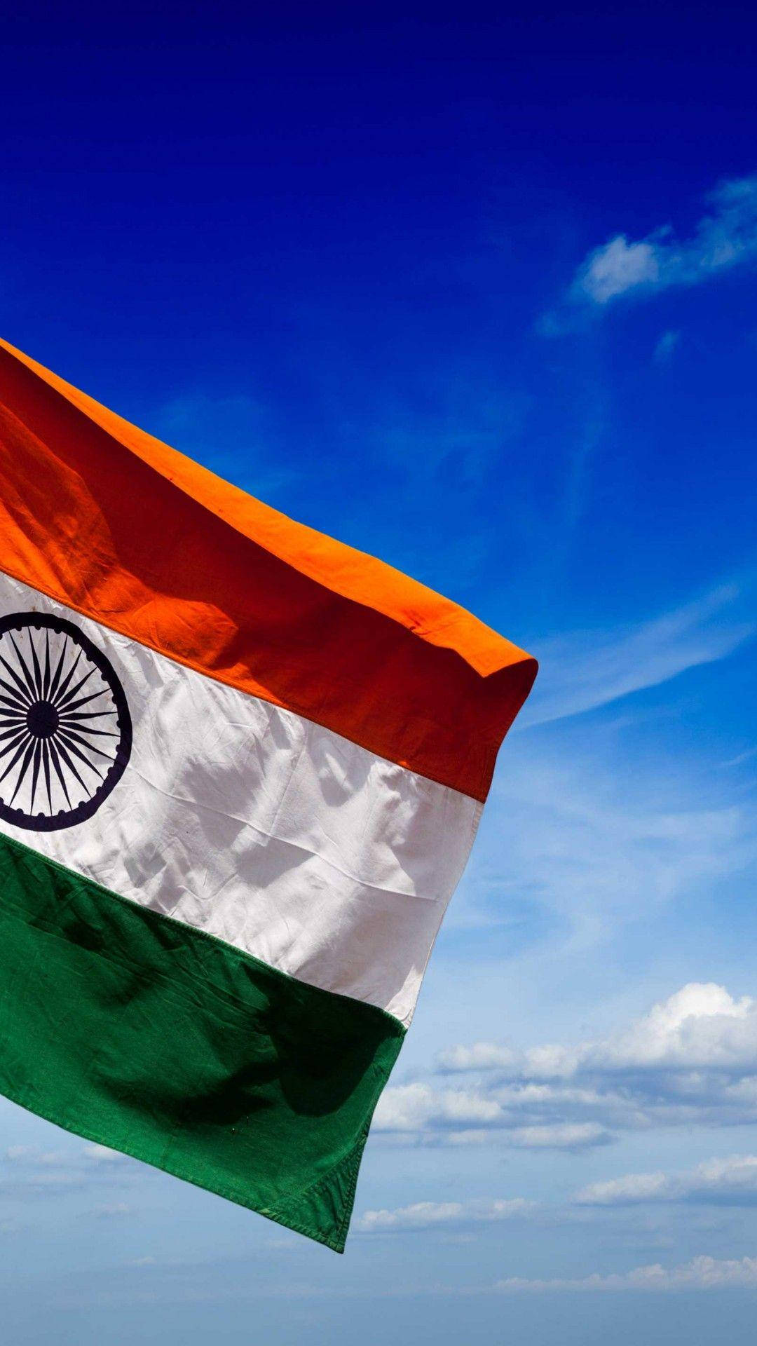 Indian Flag HD, half shot, vibrant blue sky, Full HD Phone Wallpaper