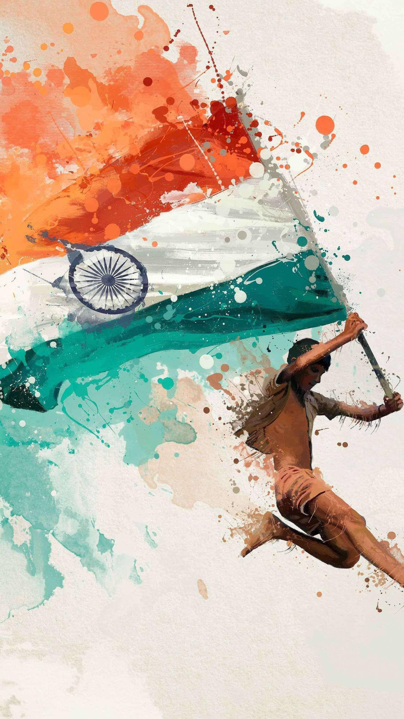 Indian flag, watercolor illustration, person running, Full HD Phone Wallpaper