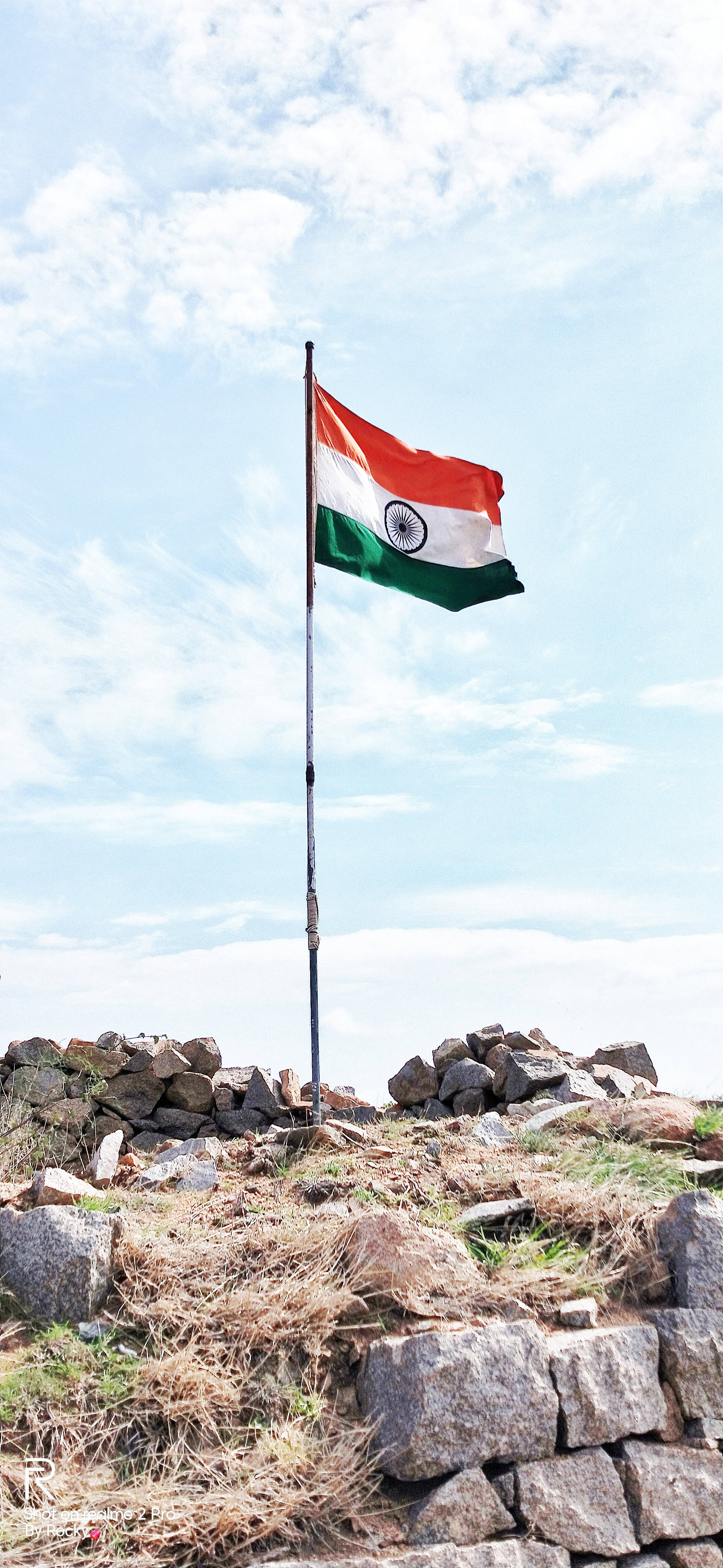 Indian Flag, rocky hill, bright blue sky, 4K Phone Wallpaper