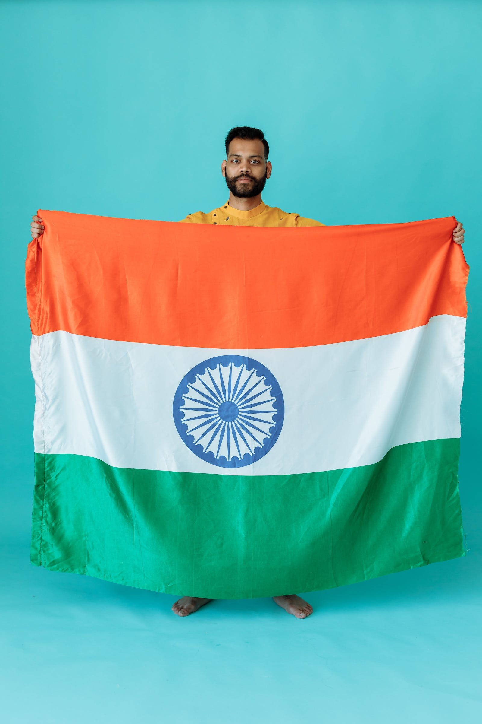 Indian flag, man with a beard, teal studio background, Full HD Phone Wallpaper