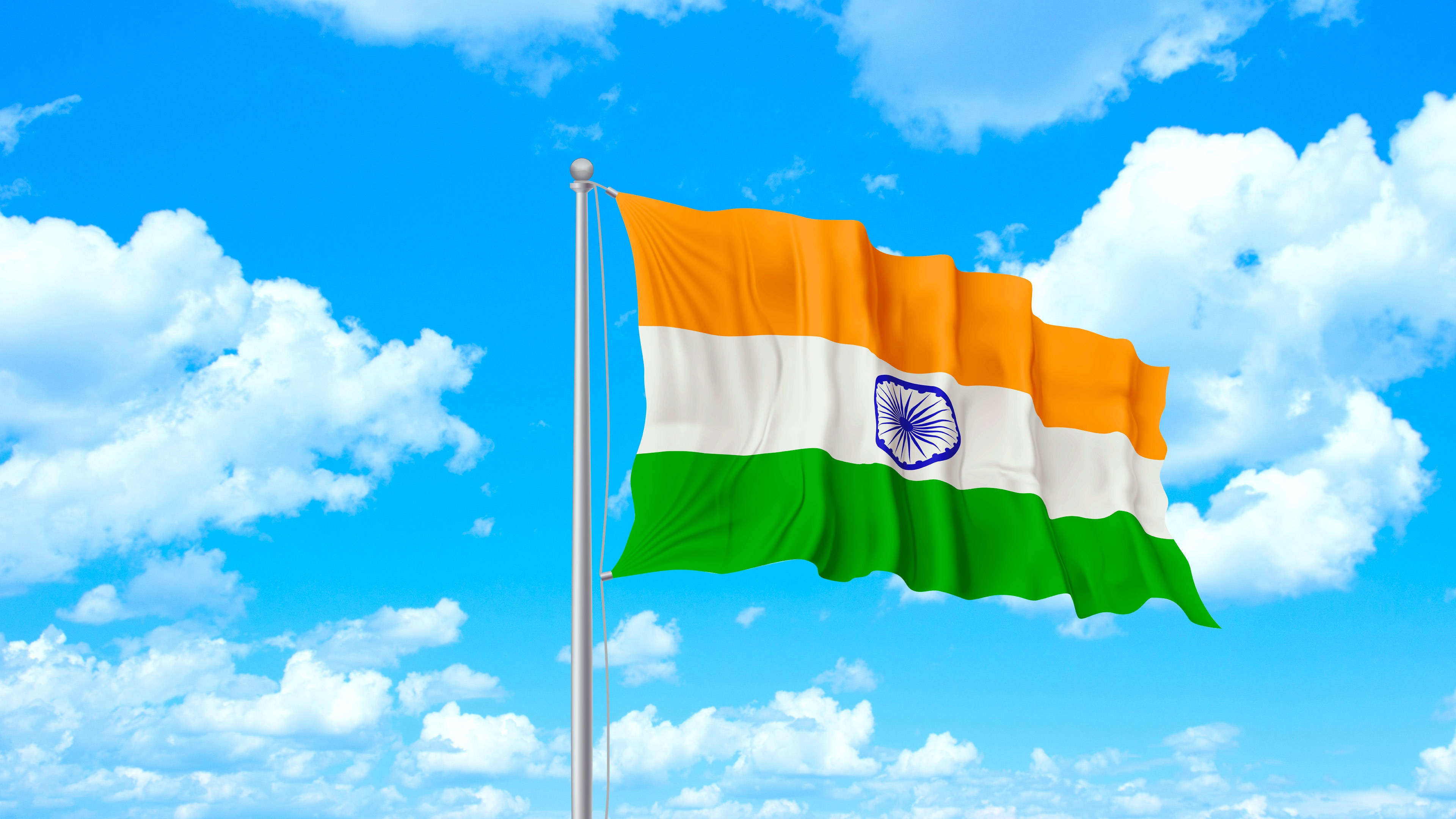Indian flag, pole, bright blue sky, 4K Desktop Wallpaper