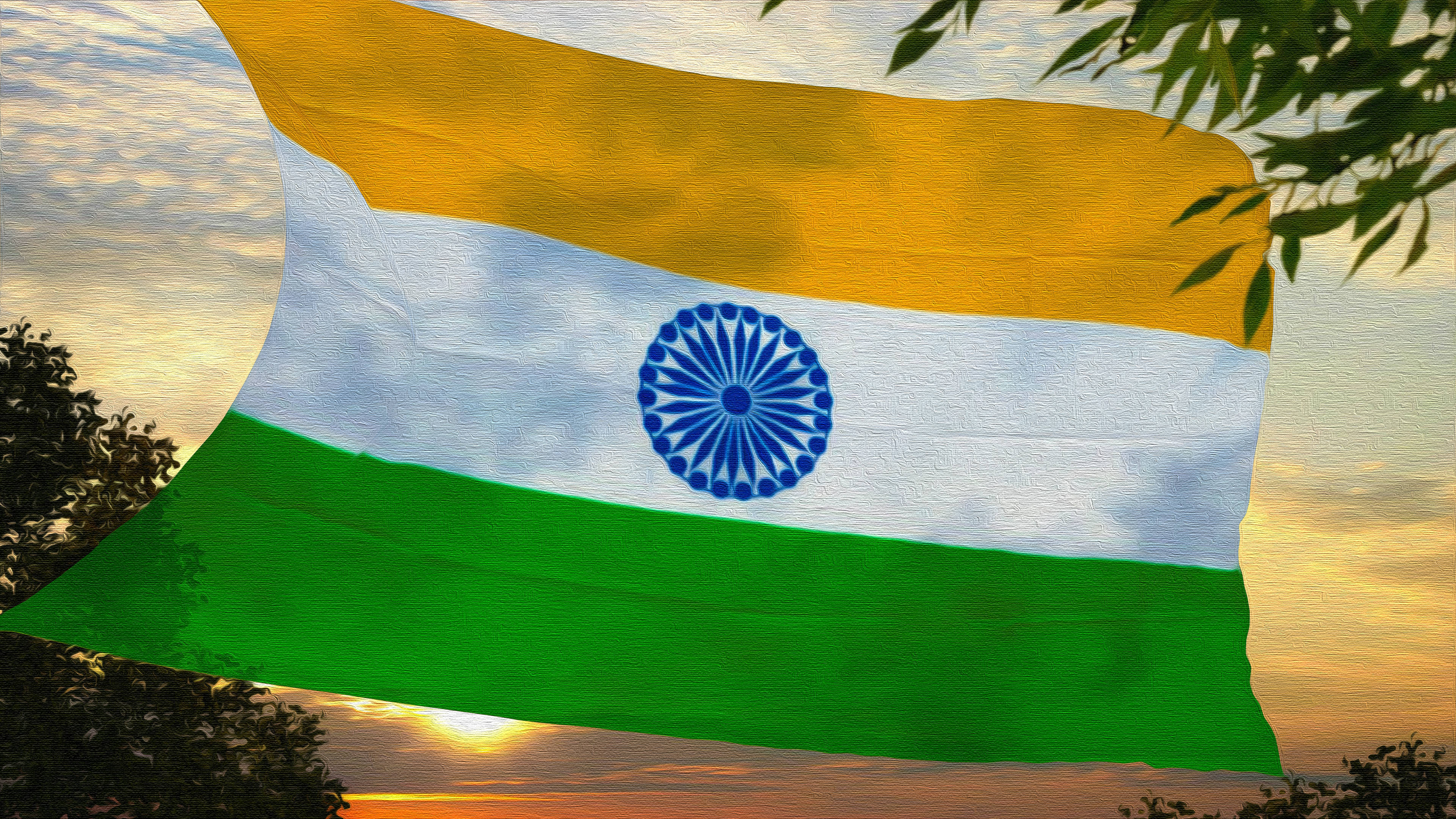 Indian Flag, golden sunset sky, lush green tree branches, 4K Desktop Wallpaper