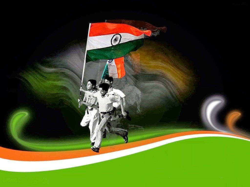Indian flag, three figures in uniform, swirling abstract background, SD Desktop Wallpaper