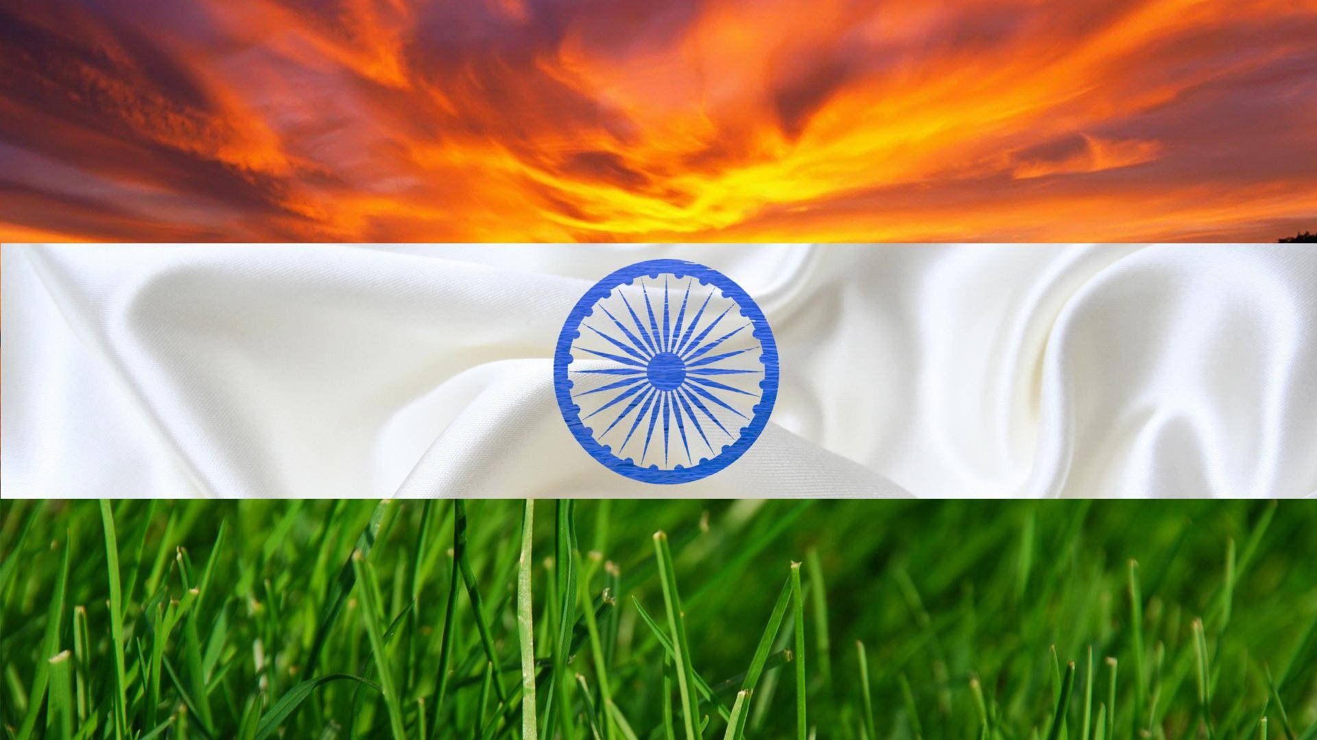 Indian Flag, vibrant green grass, fiery orange and red sunset sky, Full HD Desktop Wallpaper
