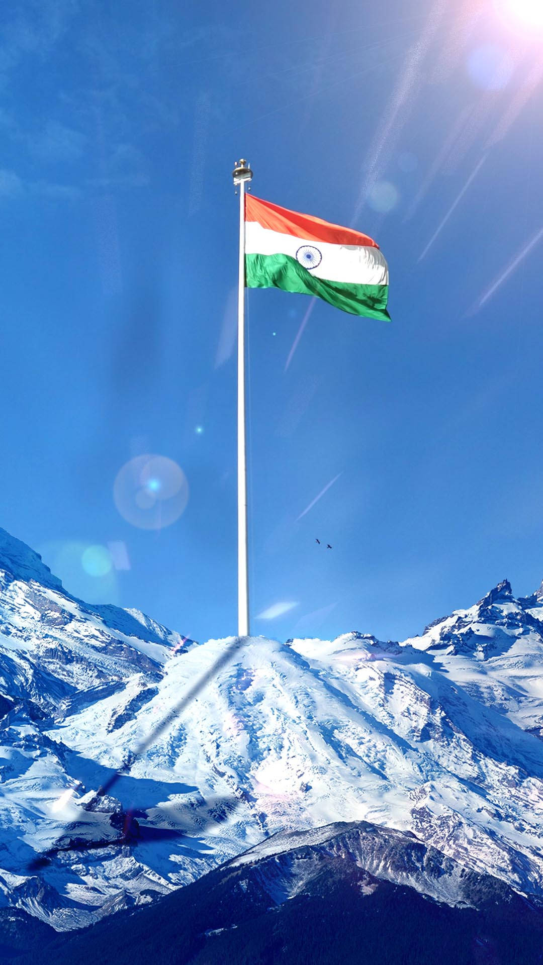 Indian flag, snowcapped mountain peak, bright blue sky, Full HD Phone Wallpaper