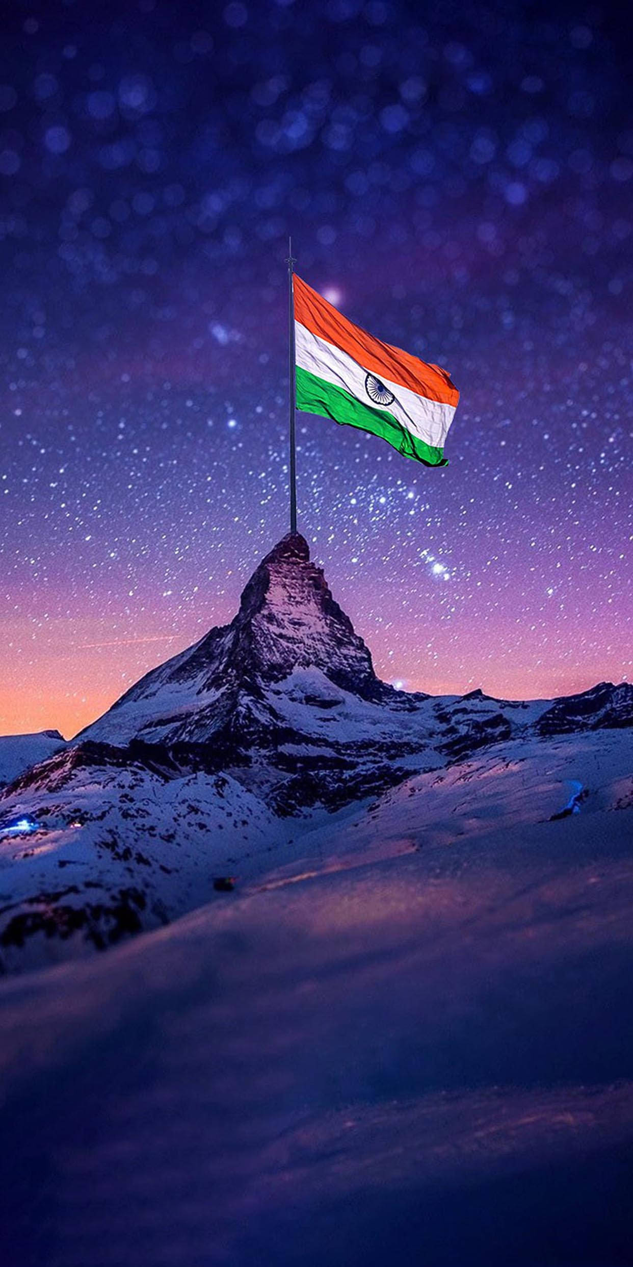 Starry Mountain, Indian flag, snowcapped mountain, Full HD Phone Wallpaper