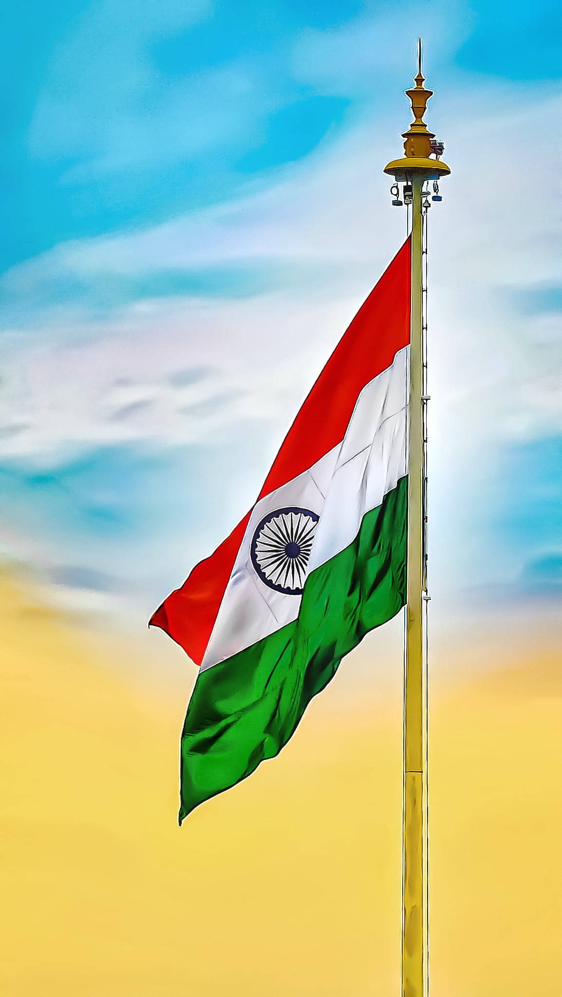 Indian flag, golden pole, vibrant blue, Full HD Phone Wallpaper