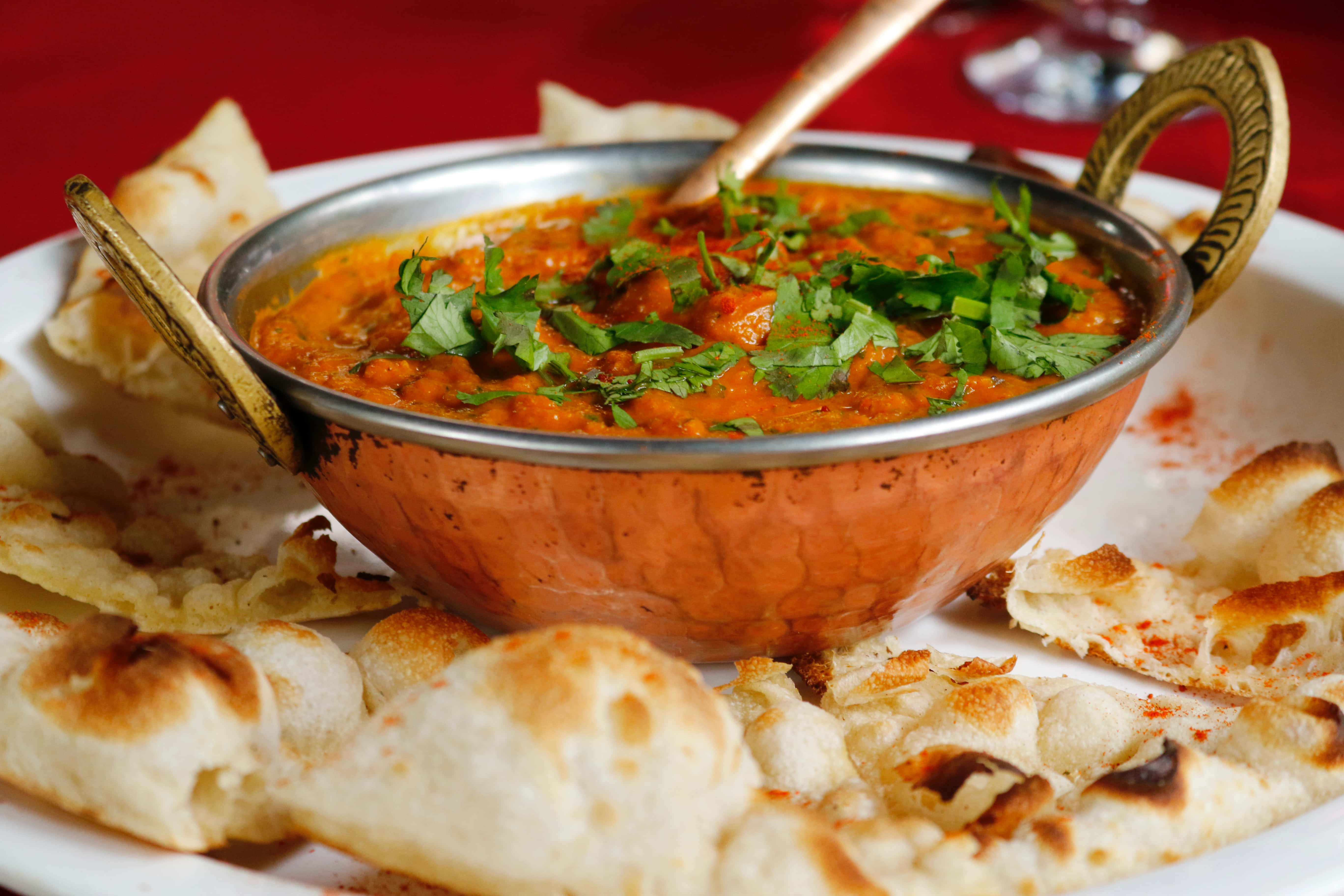 chicken tikka masala, copper bowl, vibrant orange curry, 5K Desktop Wallpaper