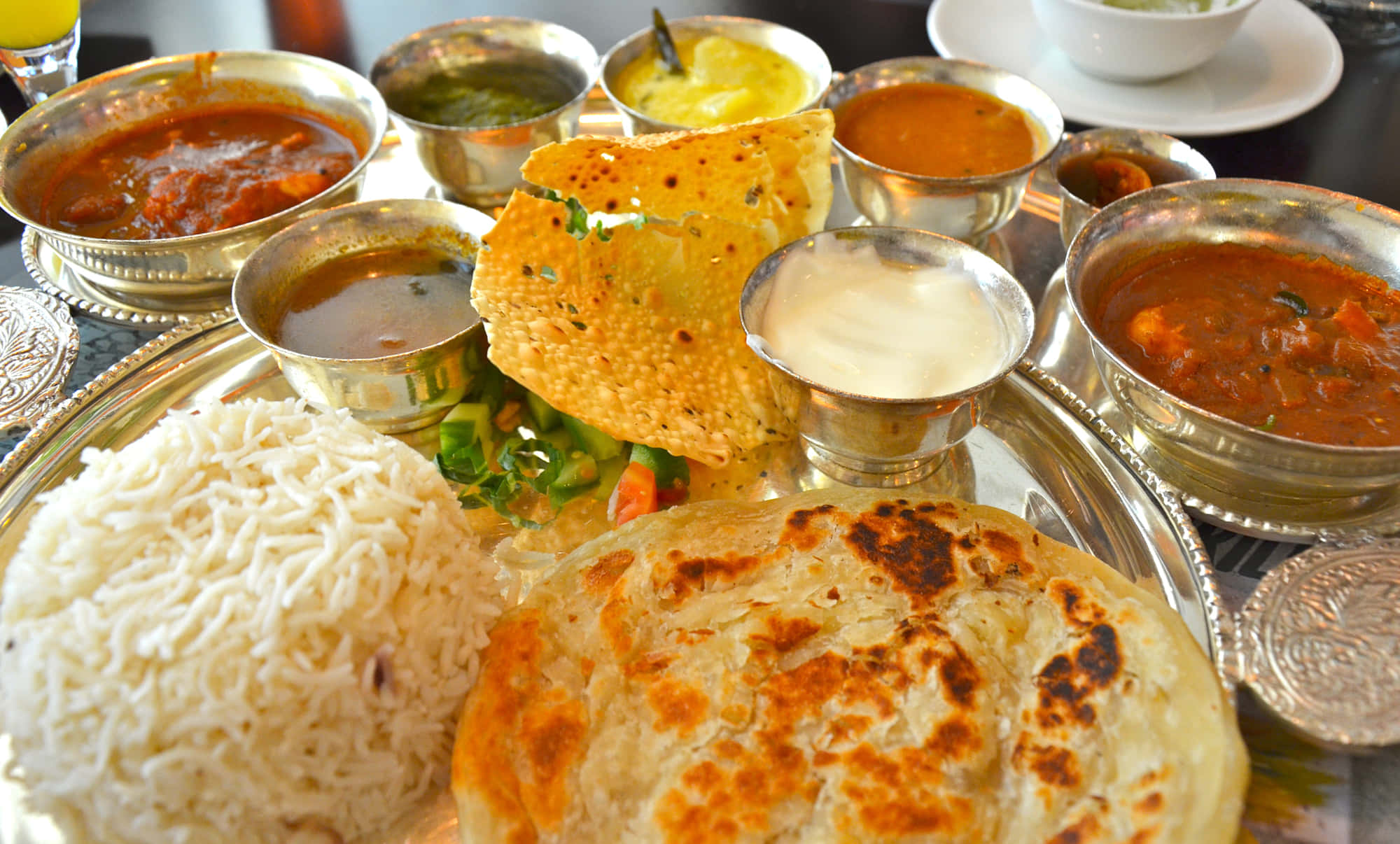 thali, Indian thali spread, rice roti curries, Full HD Desktop Wallpaper
