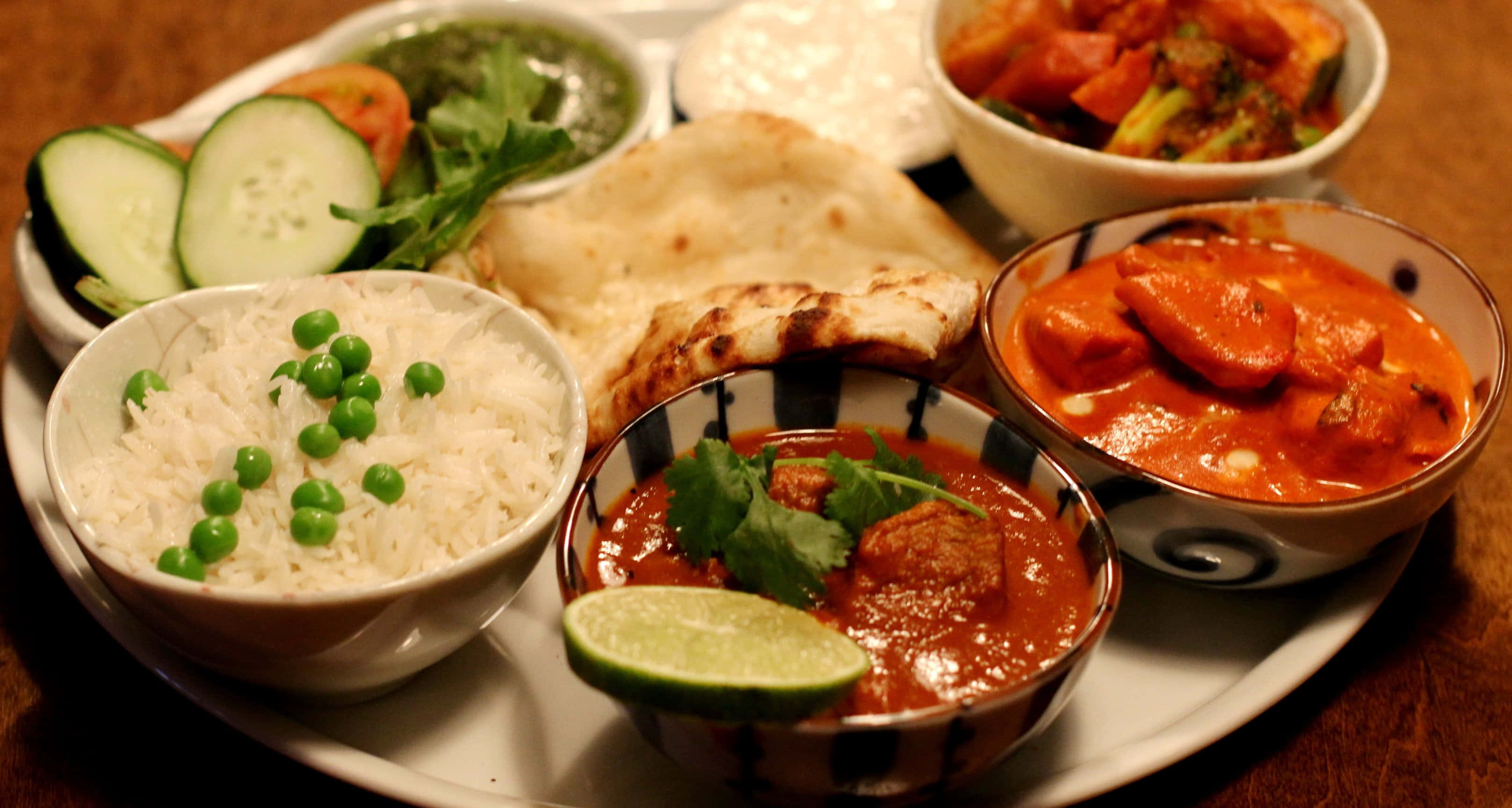 Indian thali, rice, peas, 2K Desktop Wallpaper
