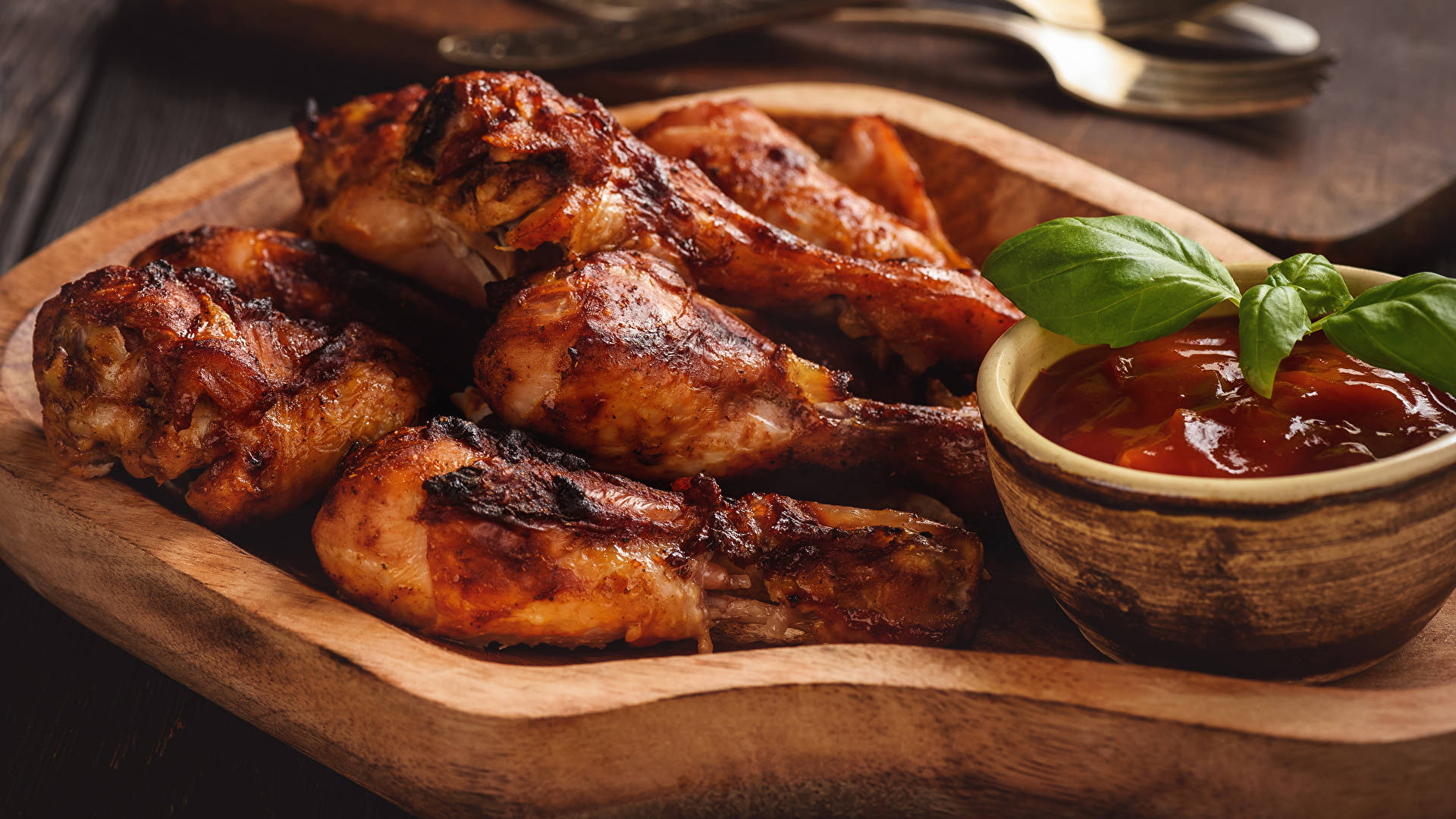 tandoori chicken legs, charred skin, wooden platter, Full HD Desktop Wallpaper