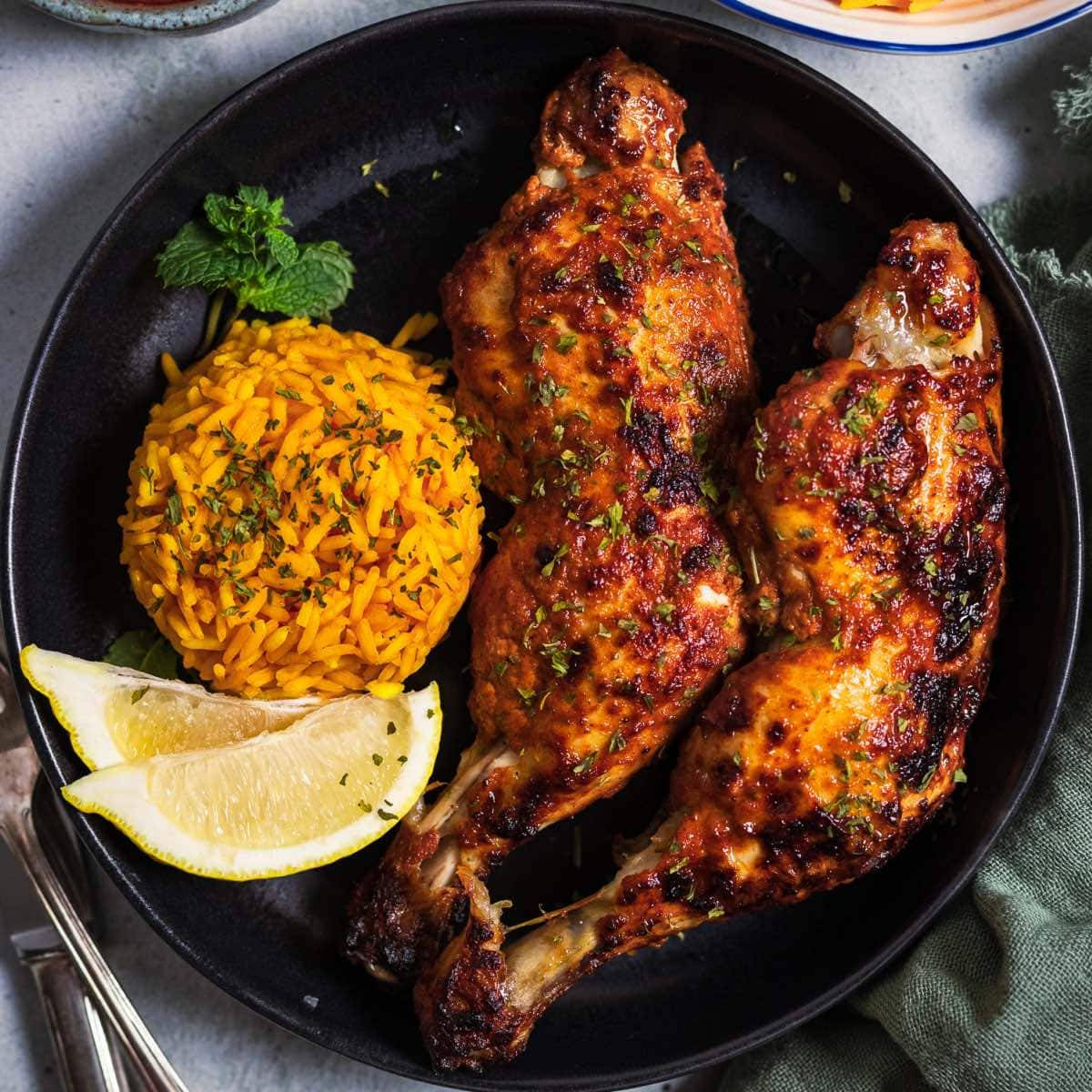Tandoori Chicken Thighs, golden turmeric rice, mint, SD Desktop Wallpaper