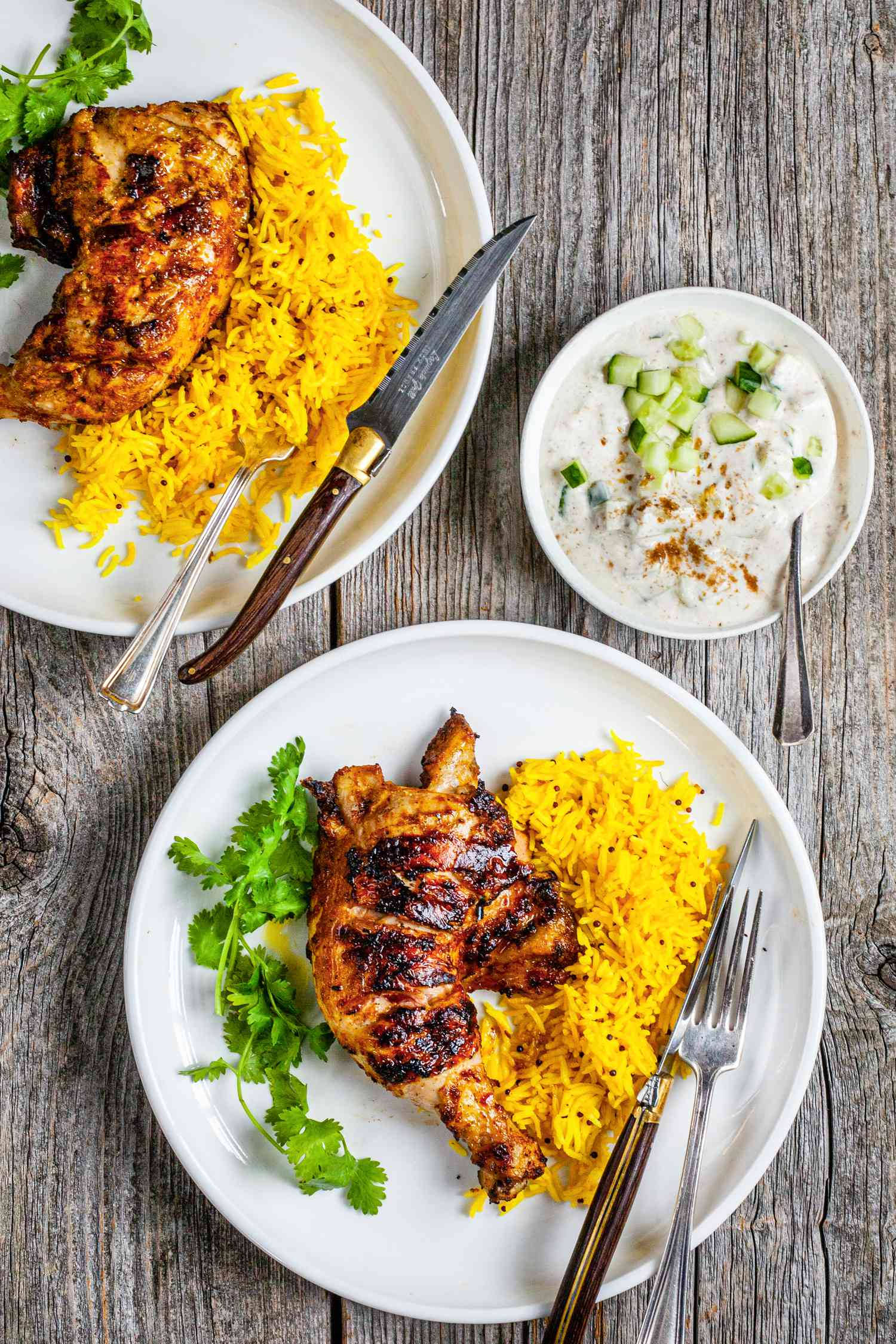 tandoori chicken, vibrant yellow rice, cucumber yogurt dip, Full HD Phone Wallpaper