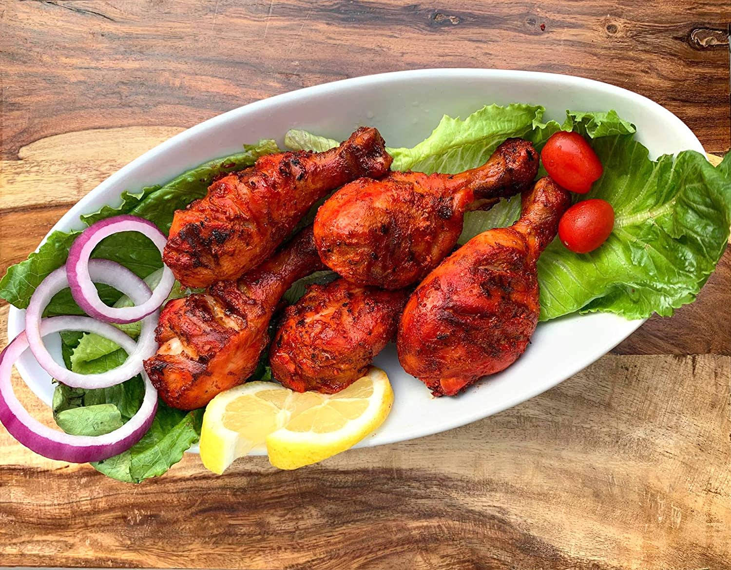 tandoori chicken drumsticks, white oval plate, lettuce, HD Desktop Wallpaper