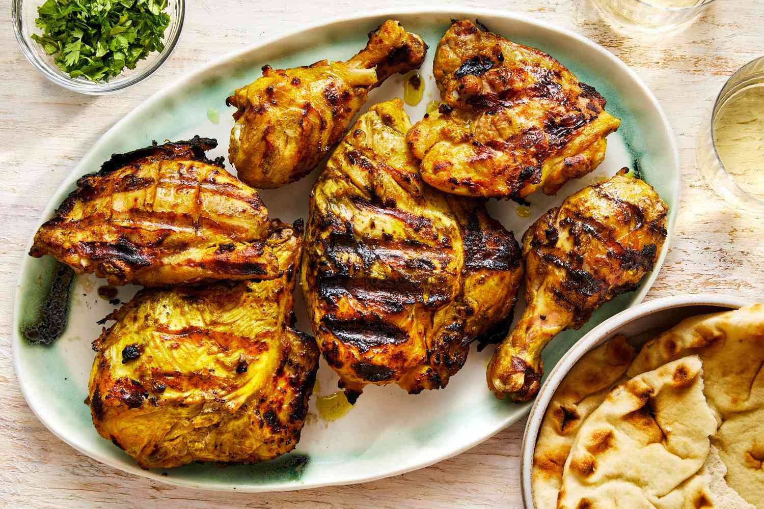 tandoori chicken, charred marks, light green plate, HD Desktop Wallpaper