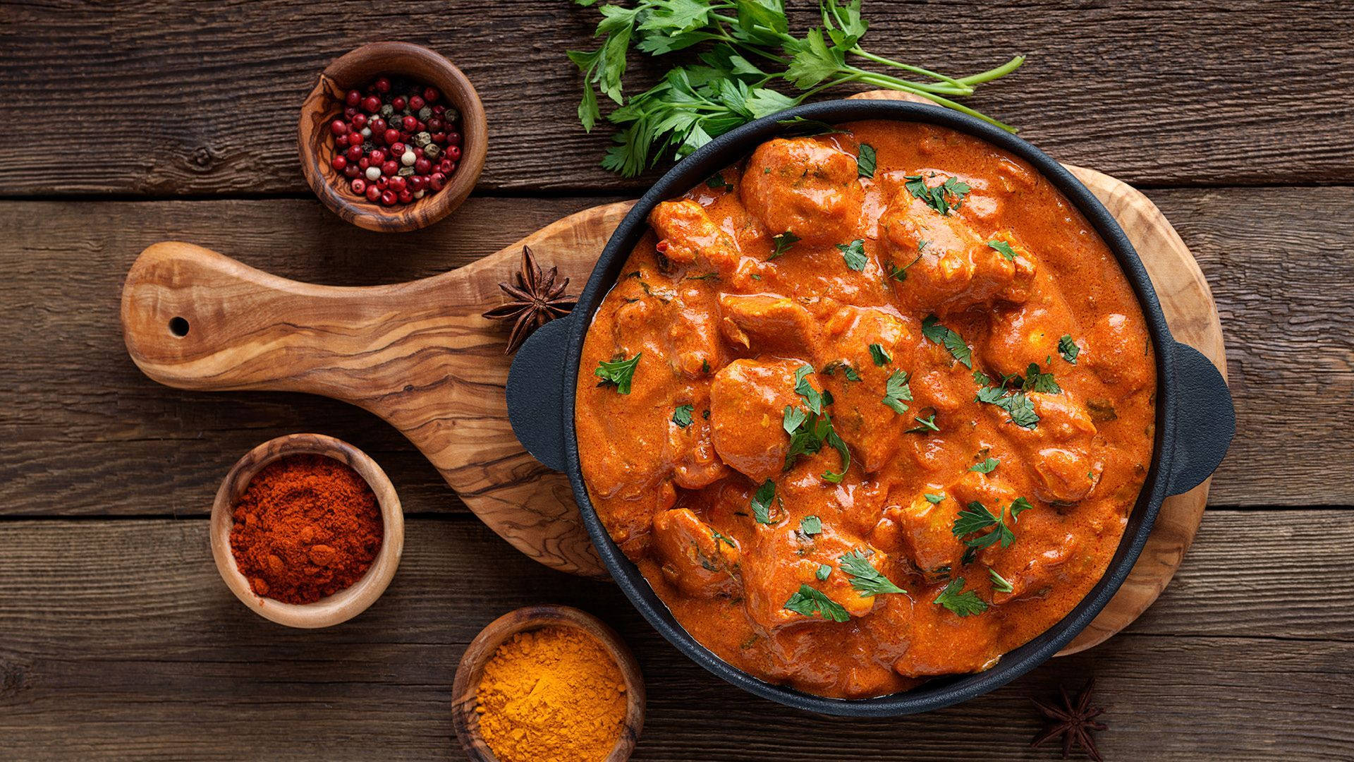 butter chicken, iron pan, black pot, Full HD Desktop Wallpaper